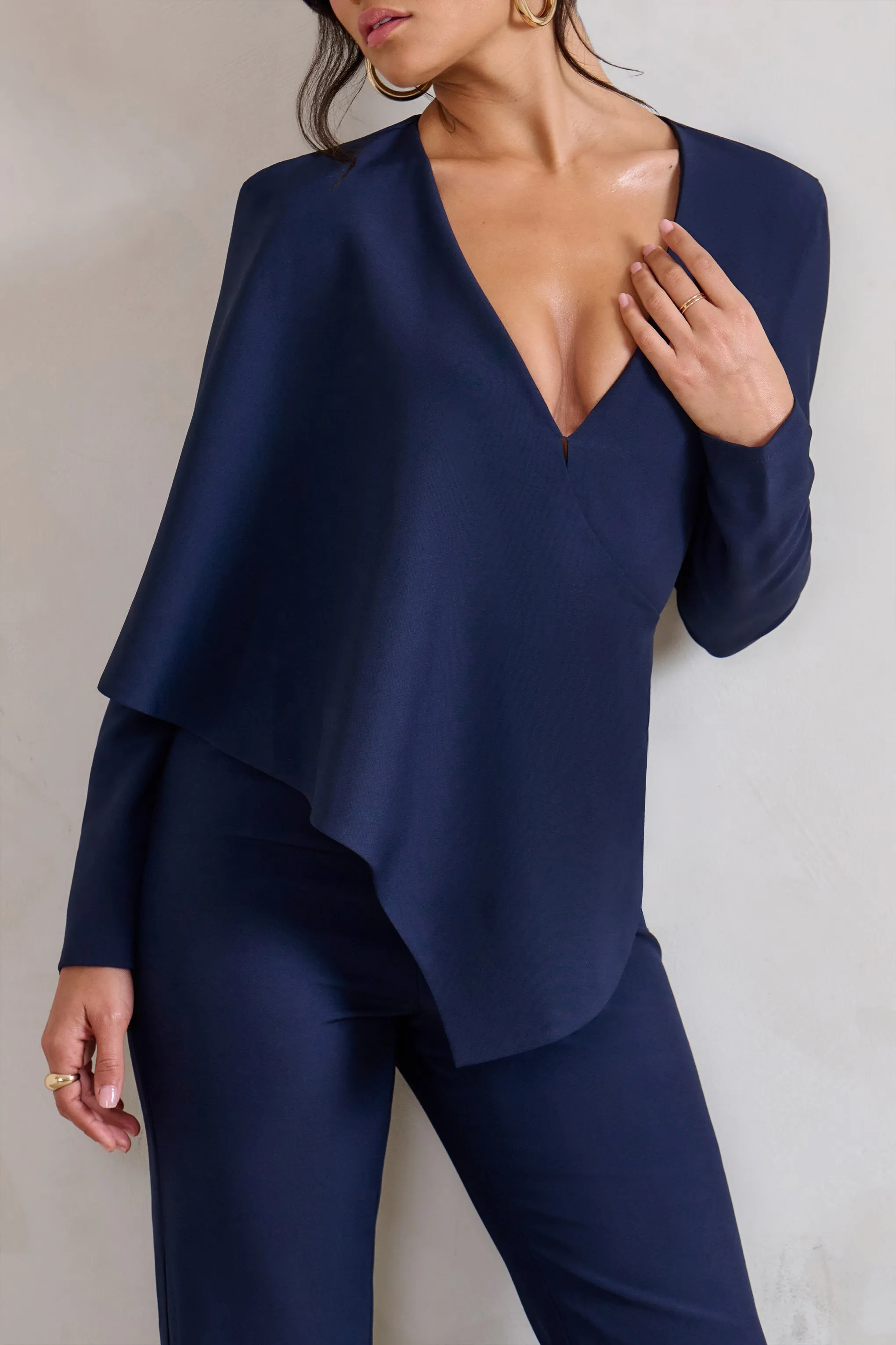 Erika | Navy Plunge Jumpsuit with One-Shoulder Cape Overlay Club L London