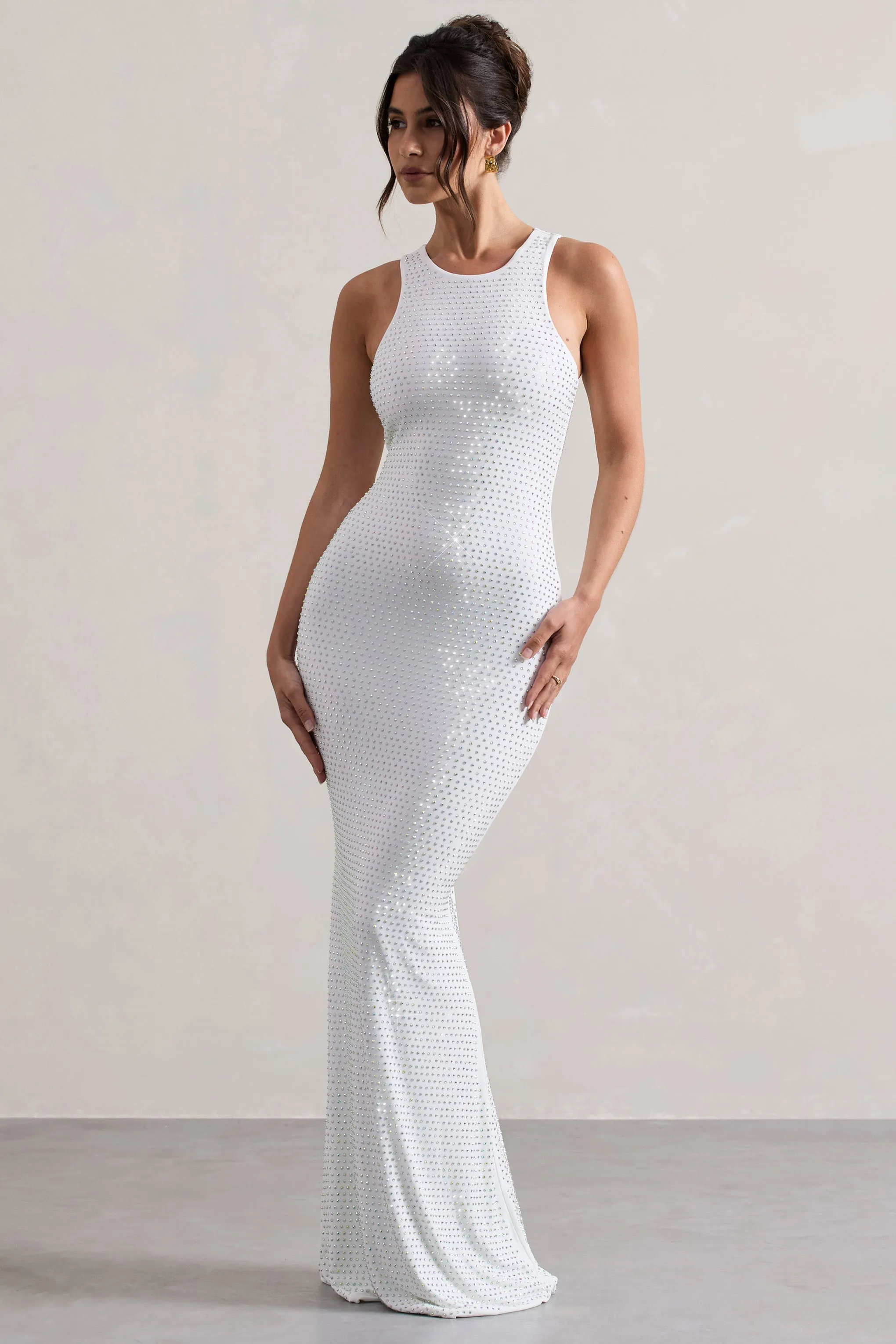 Escala | White Embellished Racer-Neck Maxi Dress Club L London