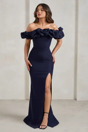 Esmeralda | Navy Structured Statement Bardot Maxi Dress Club L London