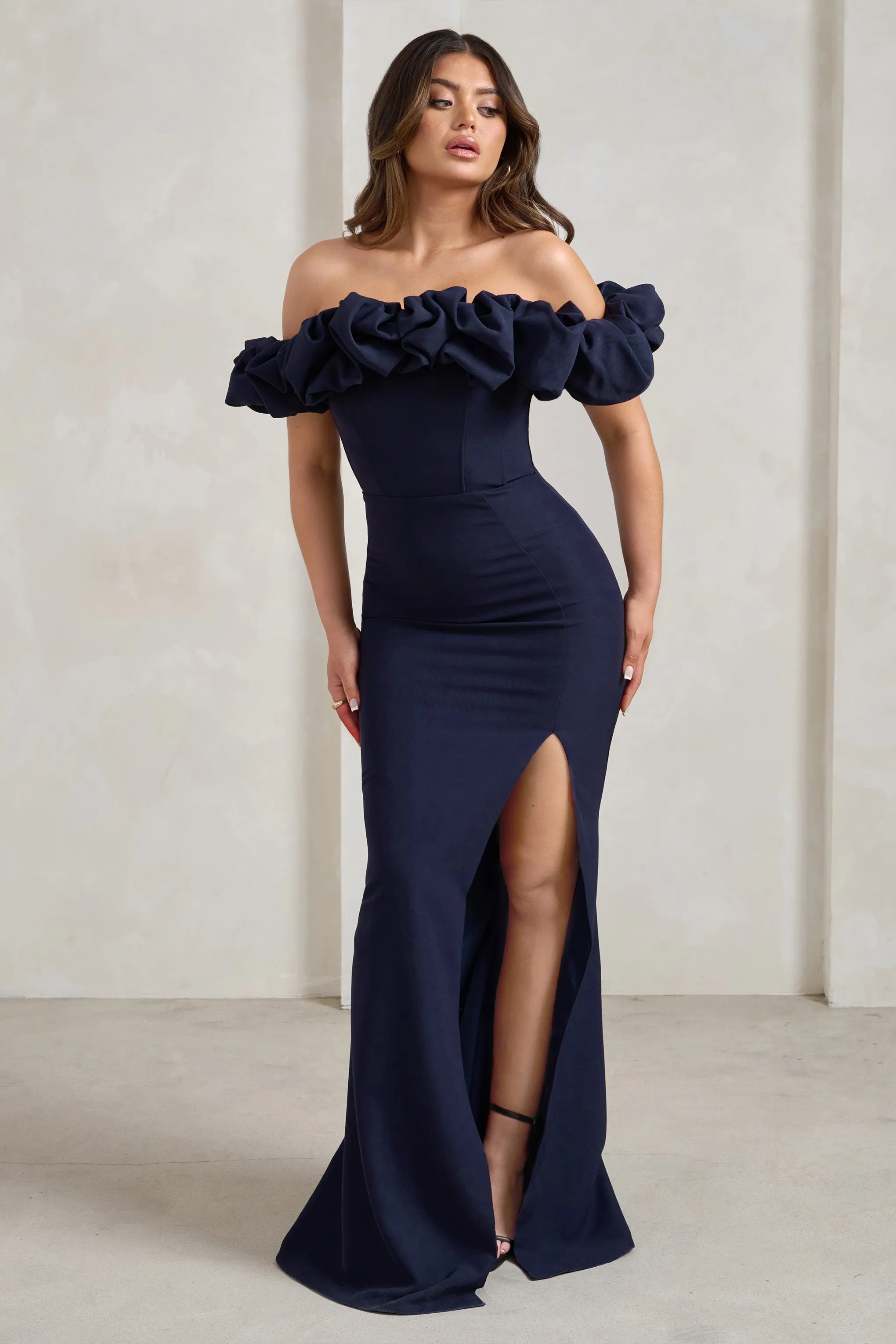 Esmeralda | Navy Structured Statement Bardot Maxi Dress Club L London
