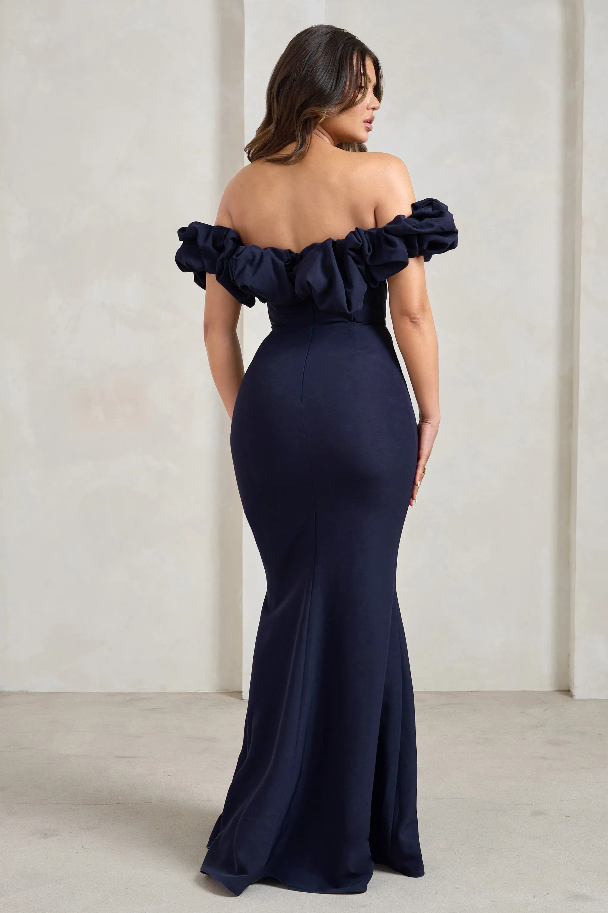 Esmeralda | Navy Structured Statement Bardot Maxi Dress Club L London