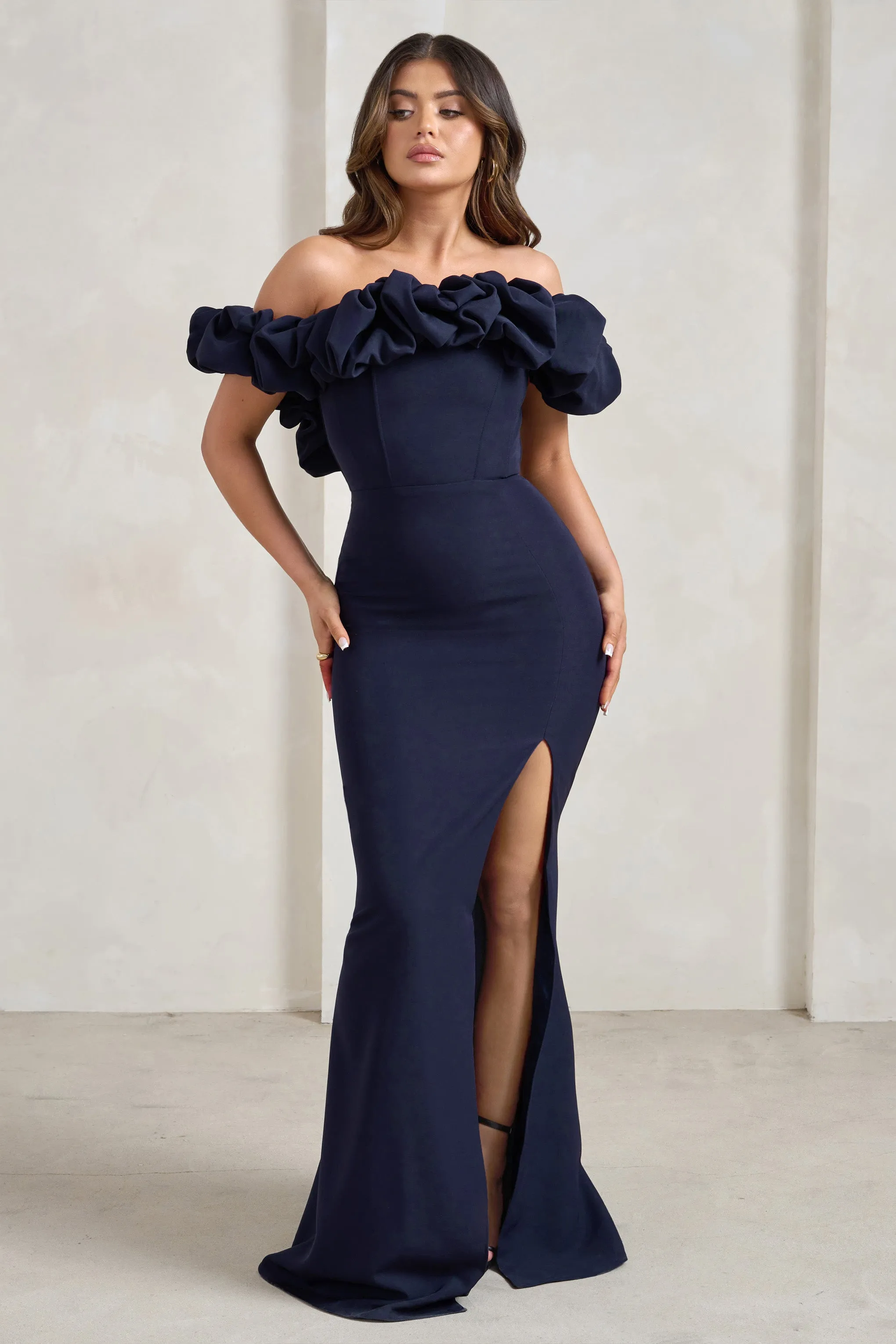 Esmeralda | Navy Structured Statement Bardot Maxi Dress Club L London