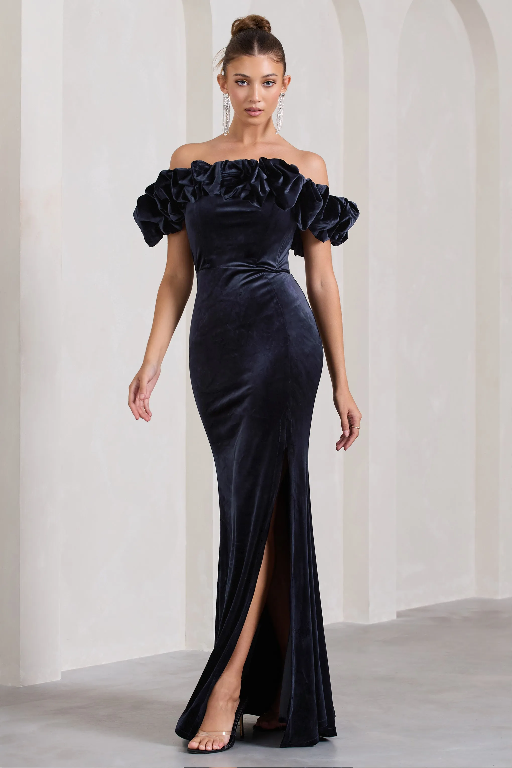 Esmeralda | Navy Velvet Structured Ruffled Bardot Maxi Dress Club L London