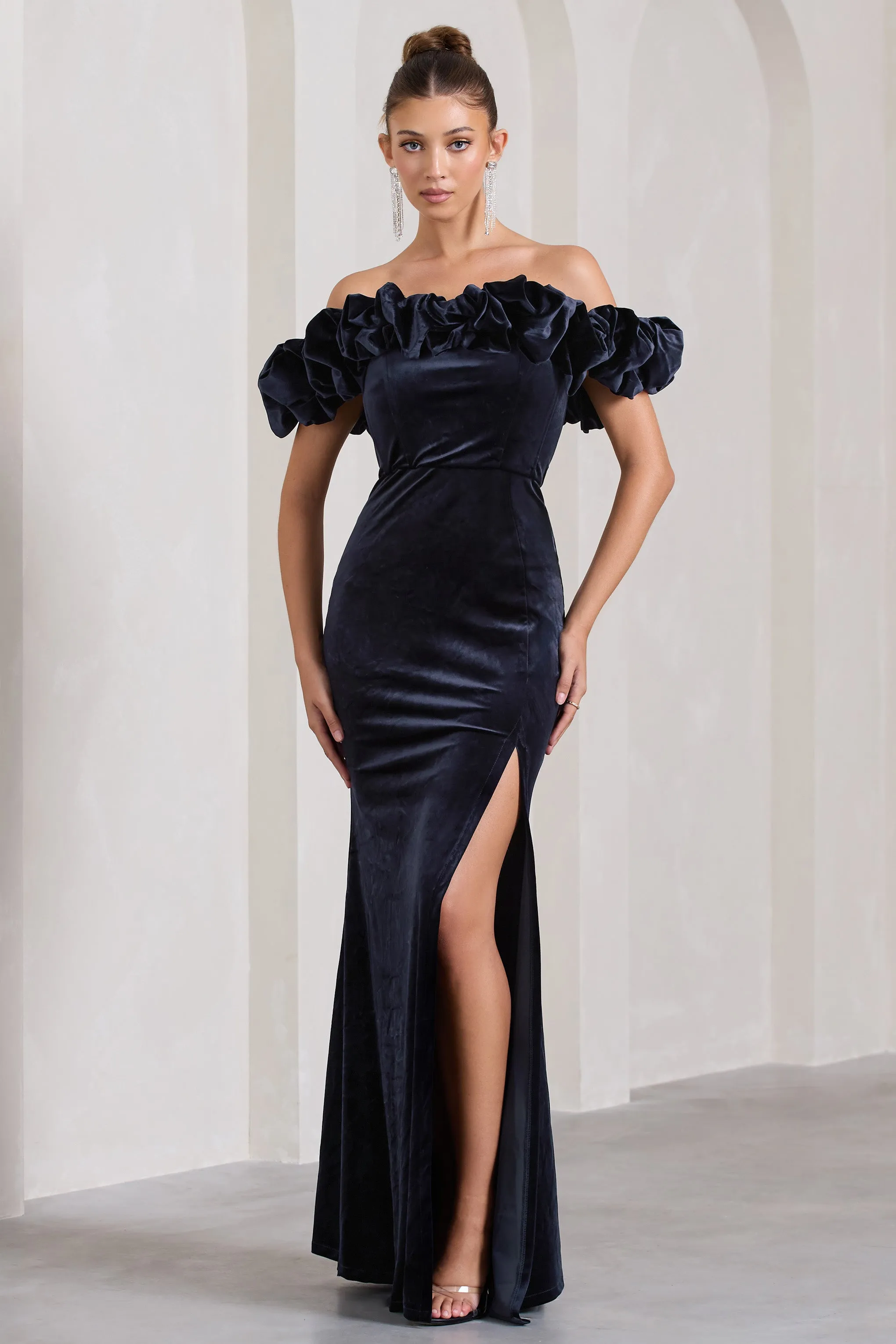 Esmeralda | Navy Velvet Structured Ruffled Bardot Maxi Dress Club L London