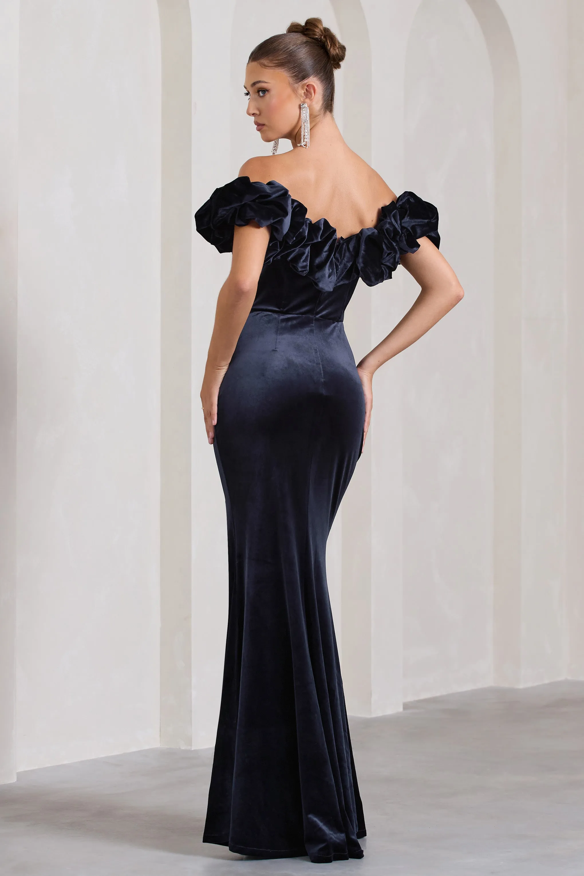 Esmeralda | Navy Velvet Structured Ruffled Bardot Maxi Dress Club L London