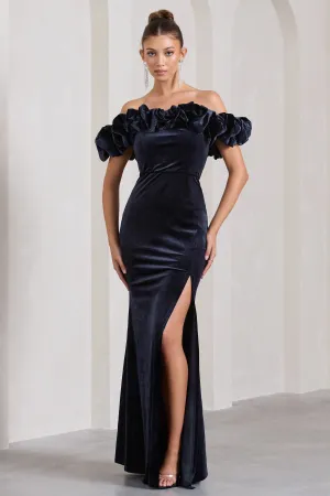 Esmeralda | Navy Velvet Structured Ruffled Bardot Maxi Dress Club L London