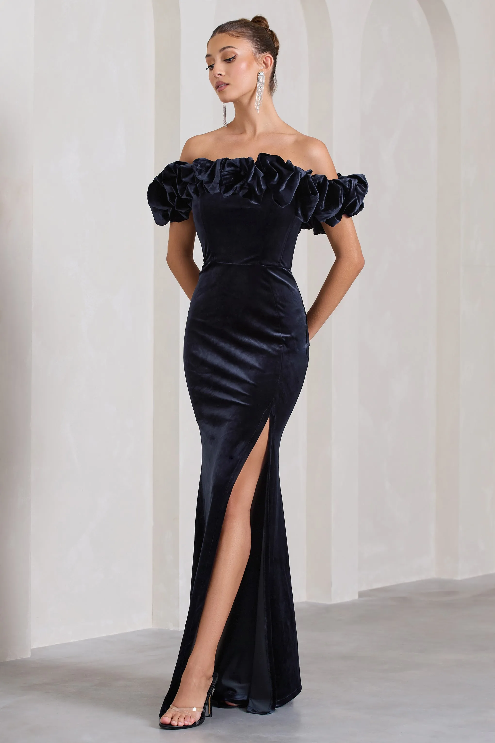 Esmeralda | Navy Velvet Structured Ruffled Bardot Maxi Dress Club L London