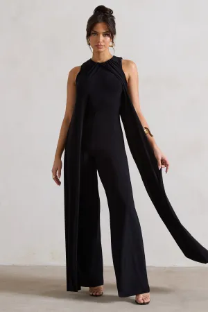 Essence | Black High-Neck Wide-Leg Jumpsuit With Cape Club L London