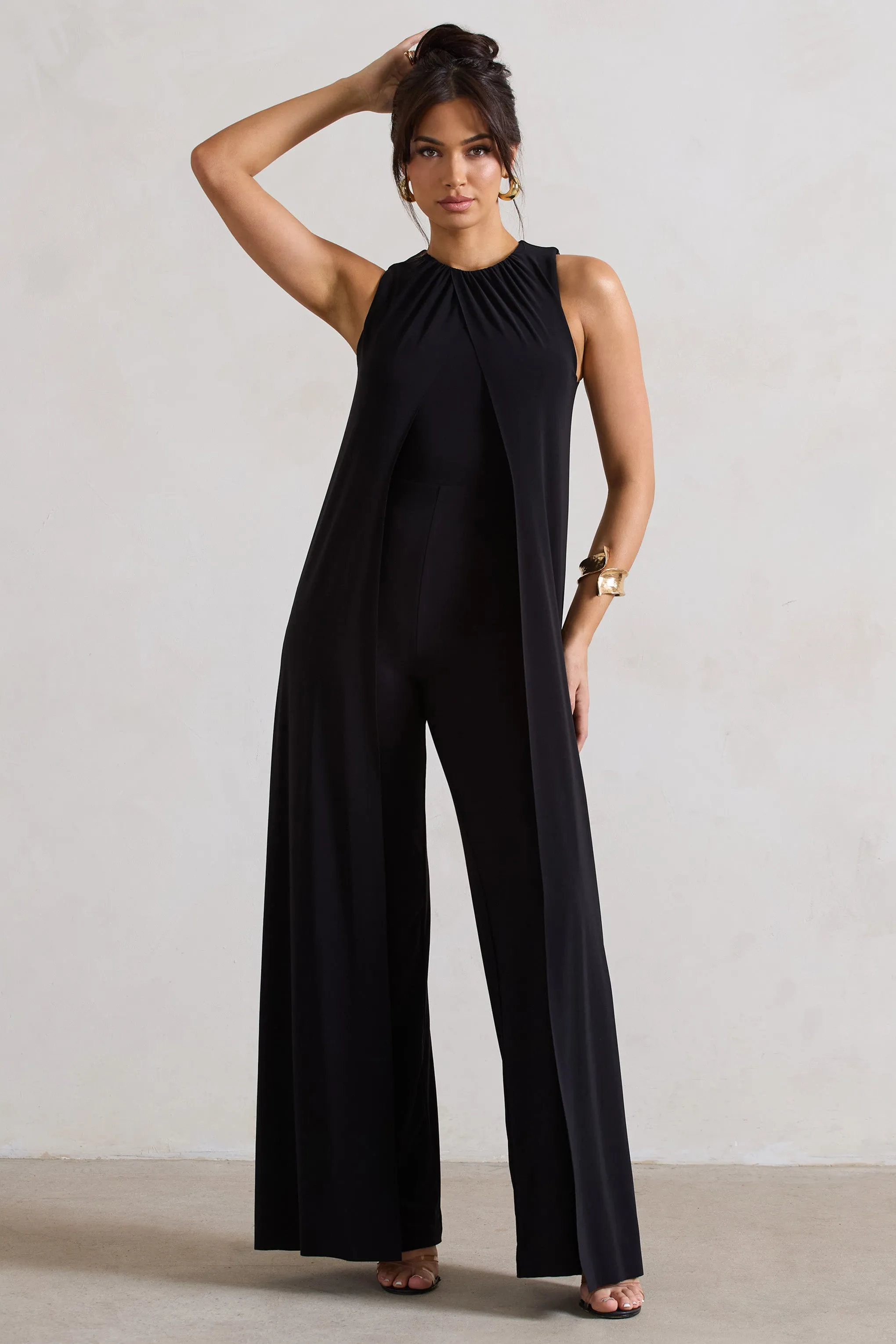 Essence | Black High-Neck Wide-Leg Jumpsuit With Cape Club L London