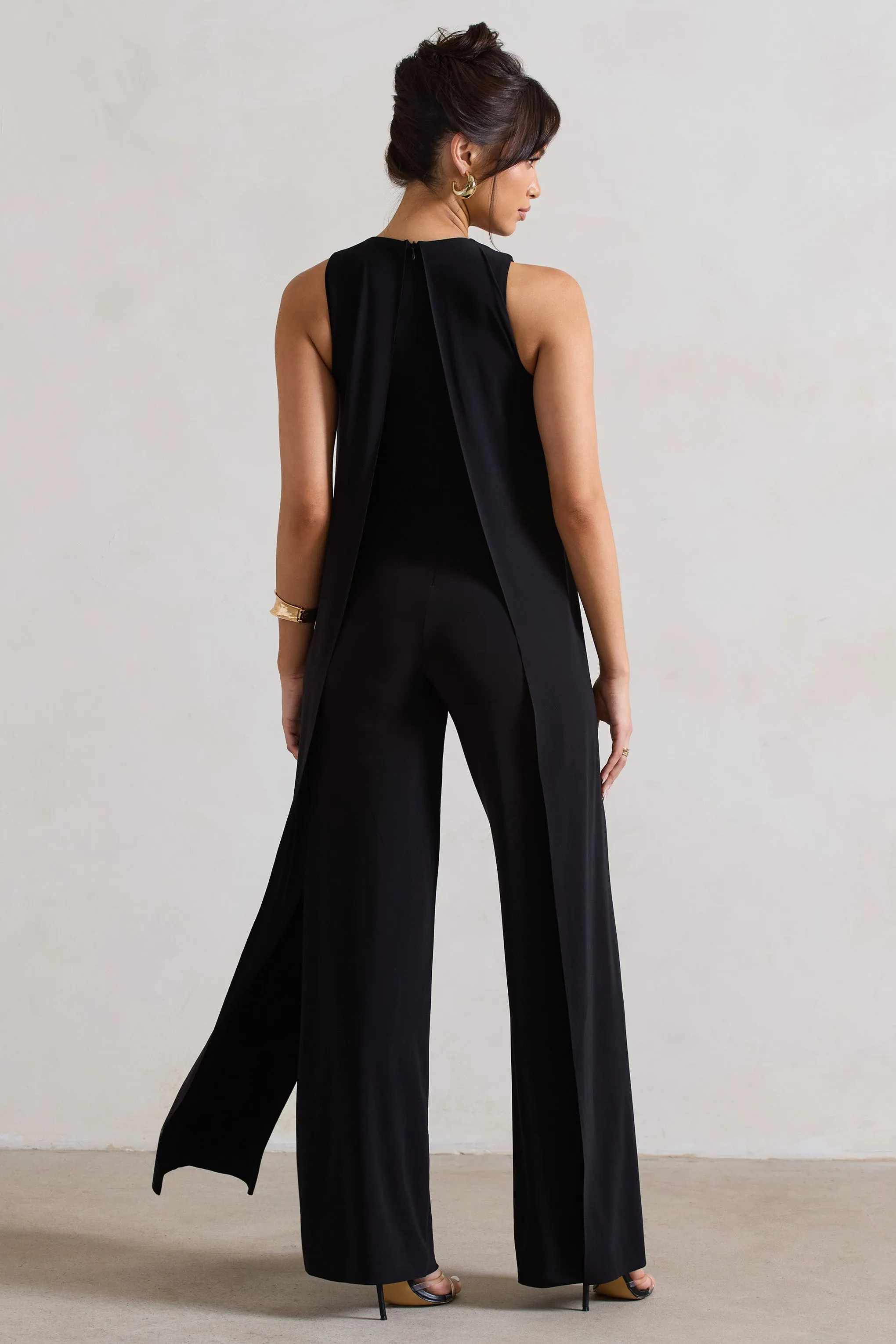 Essence | Black High-Neck Wide-Leg Jumpsuit With Cape Club L London