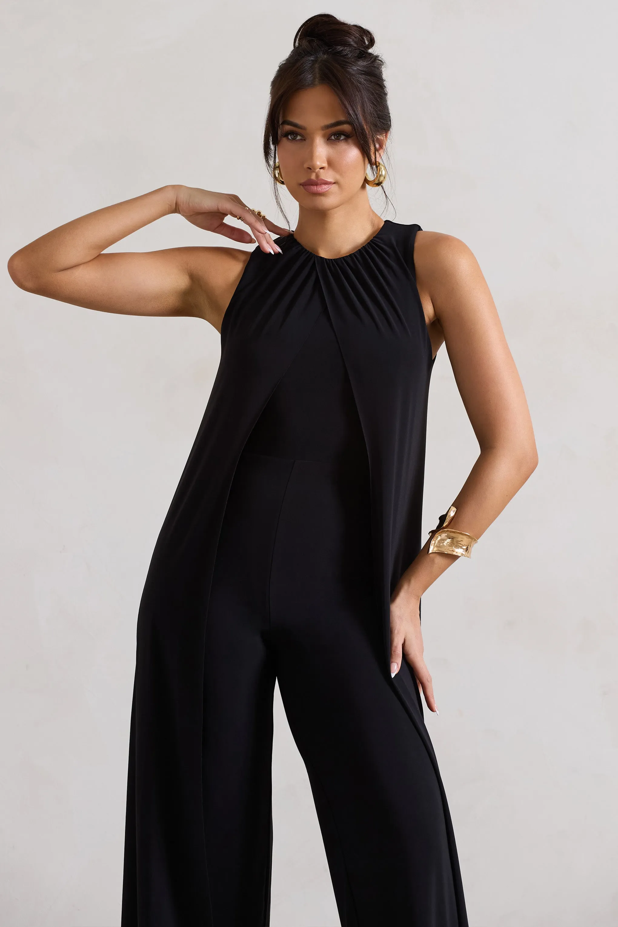 Essence | Black High-Neck Wide-Leg Jumpsuit With Cape Club L London