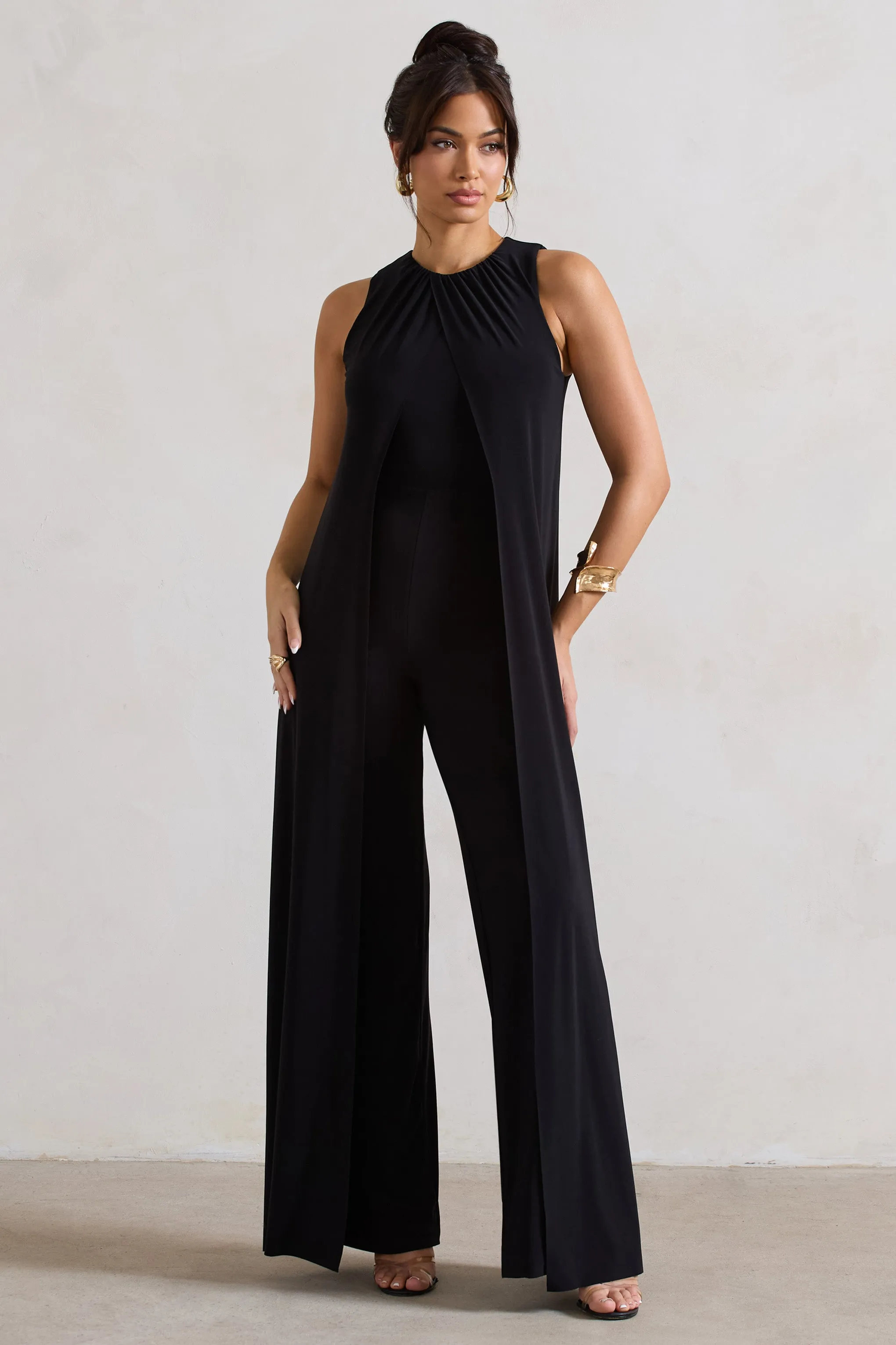Essence | Black High-Neck Wide-Leg Jumpsuit With Cape Club L London