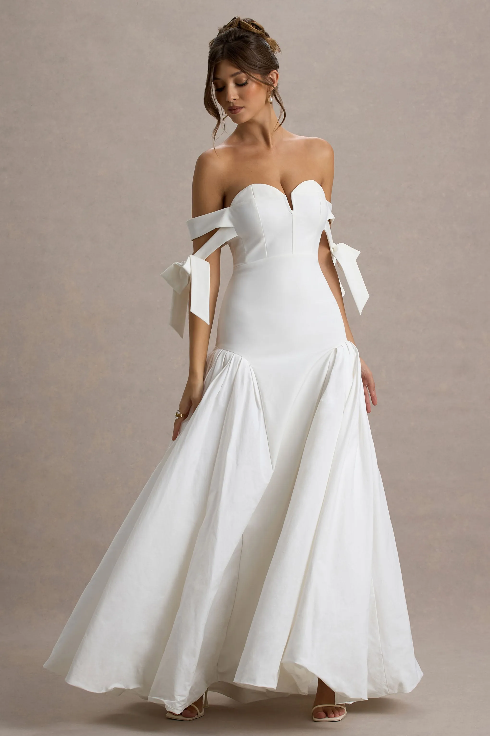 Ethel | White & Cream Bardot Maxi Dress With Volume Skirt Club L London