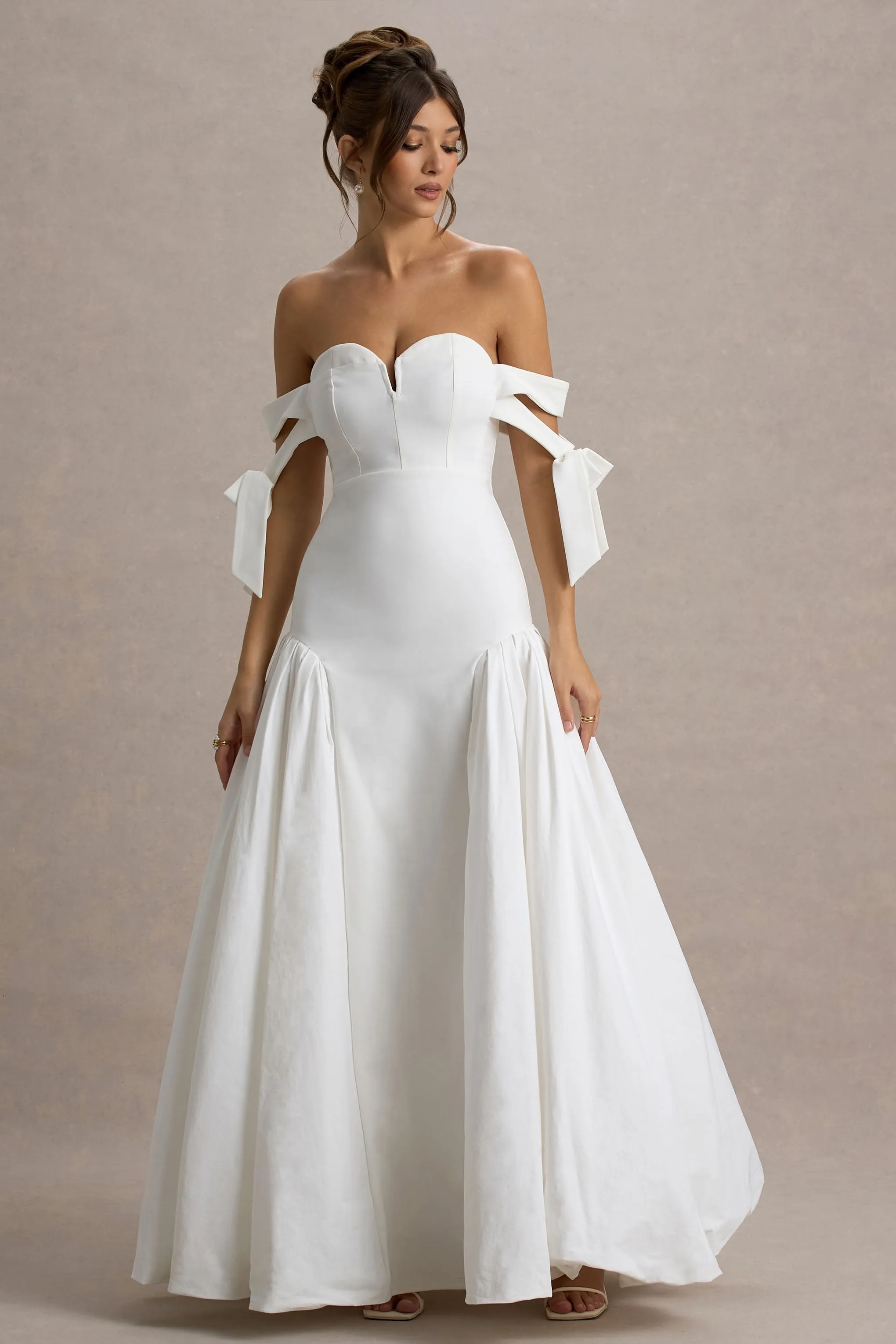 Ethel | White & Cream Bardot Maxi Dress With Volume Skirt Club L London