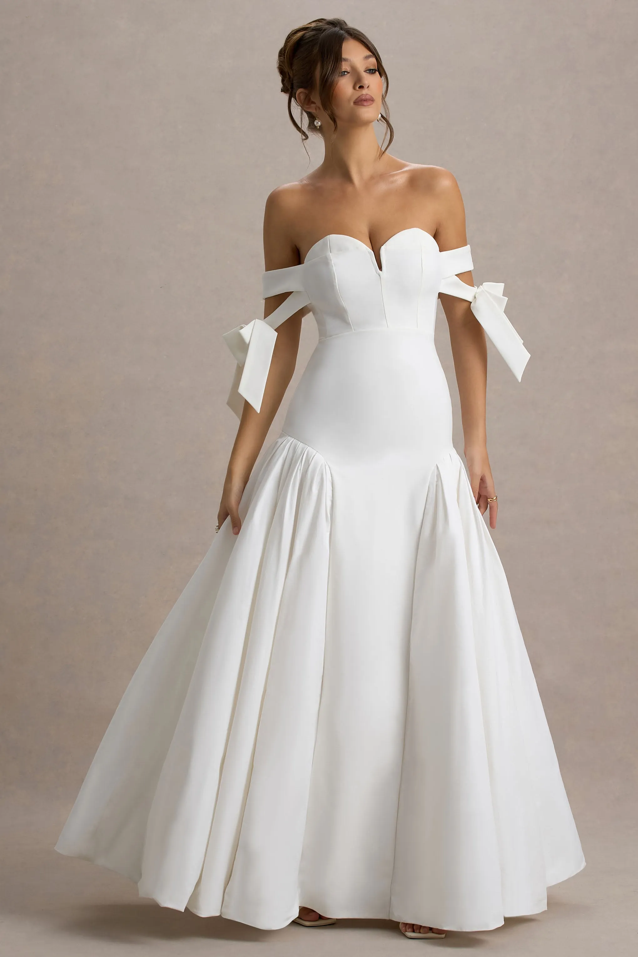Ethel | White & Cream Bardot Maxi Dress With Volume Skirt Club L London