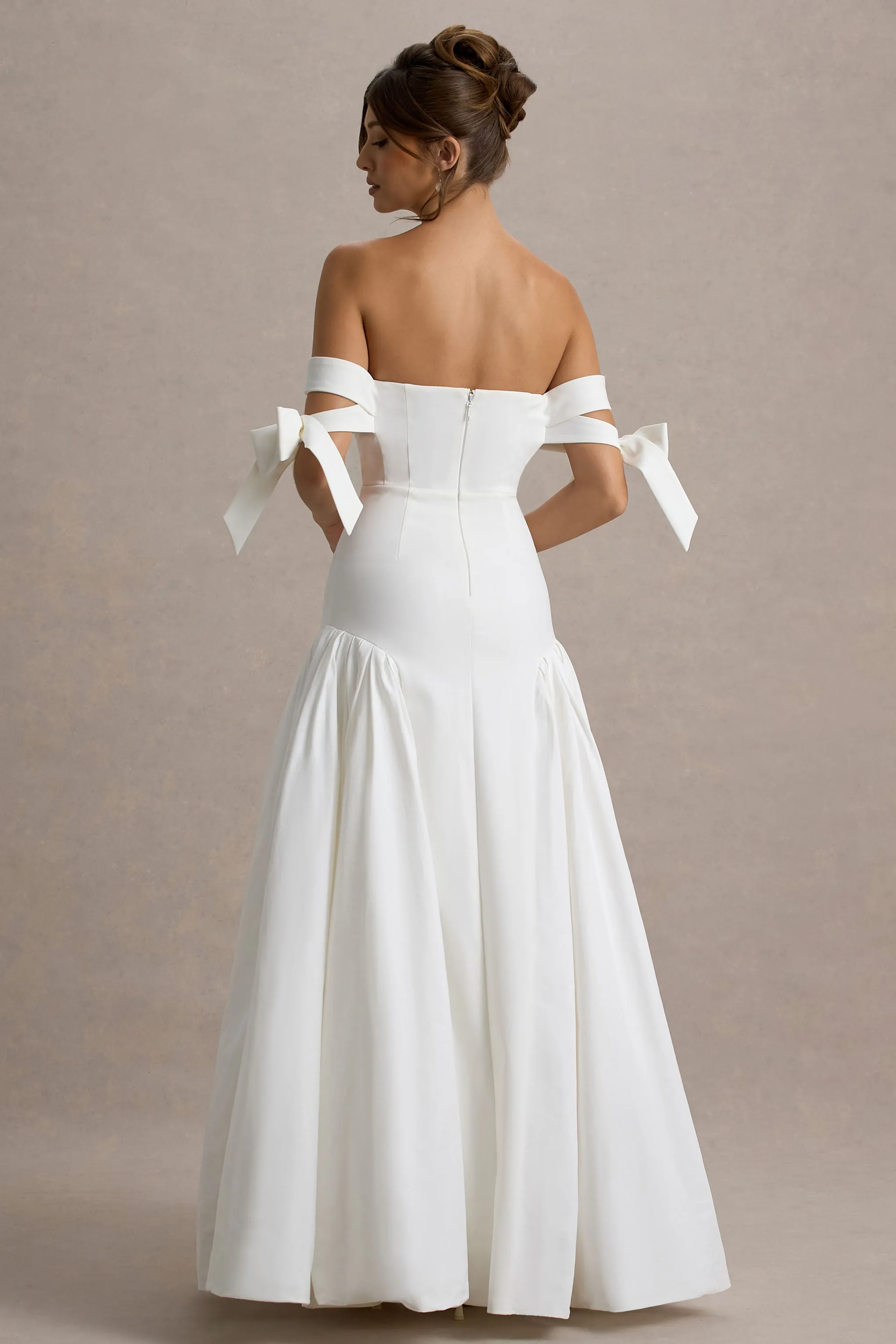 Ethel | White & Cream Bardot Maxi Dress With Volume Skirt Club L London