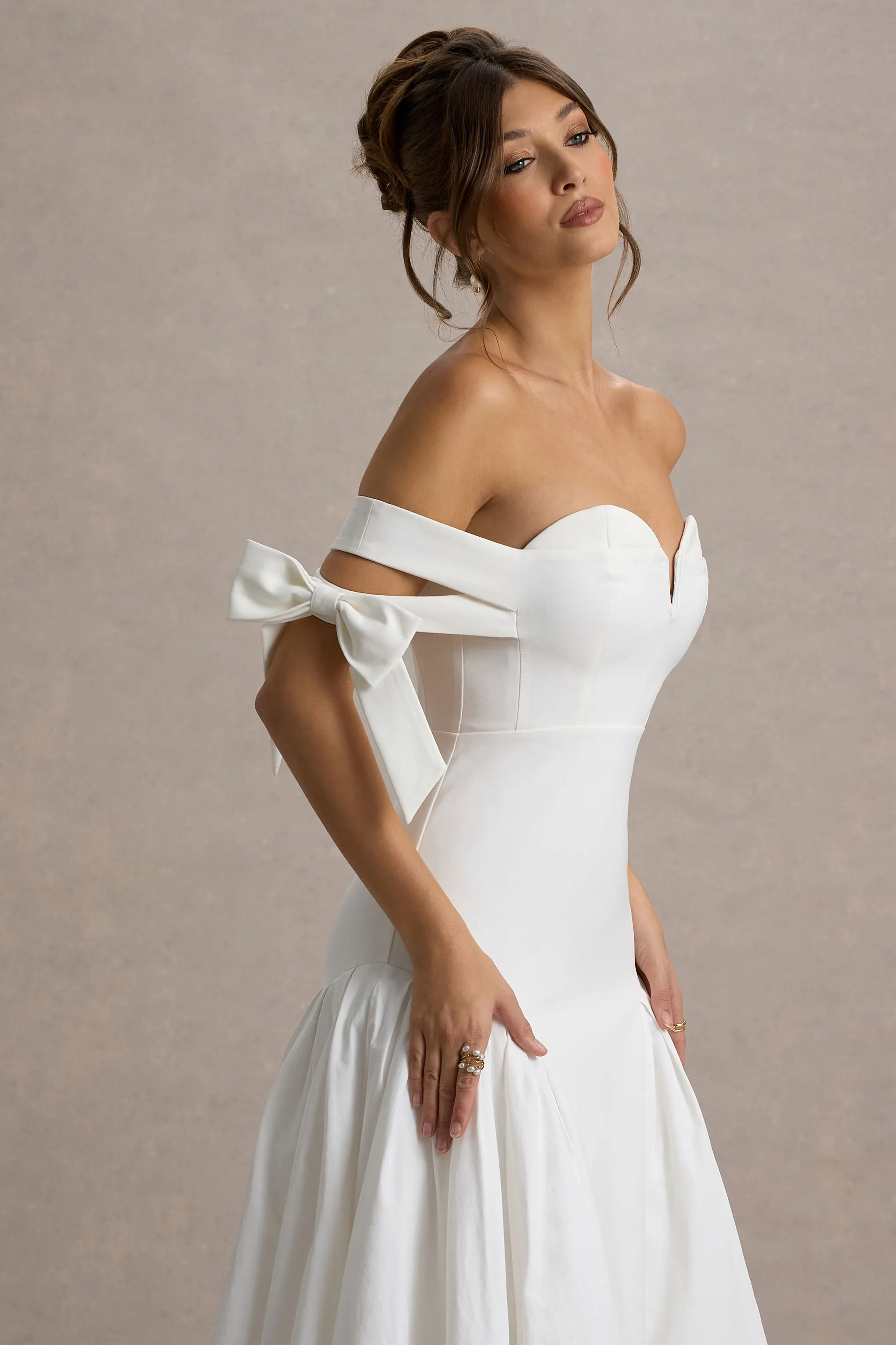 Ethel | White & Cream Bardot Maxi Dress With Volume Skirt Club L London
