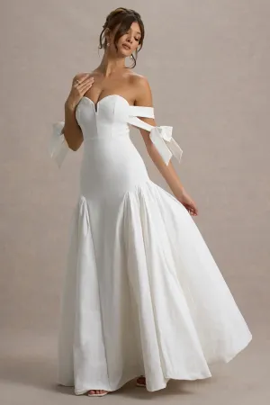 Ethel | White & Cream Bardot Maxi Dress With Volume Skirt Club L London