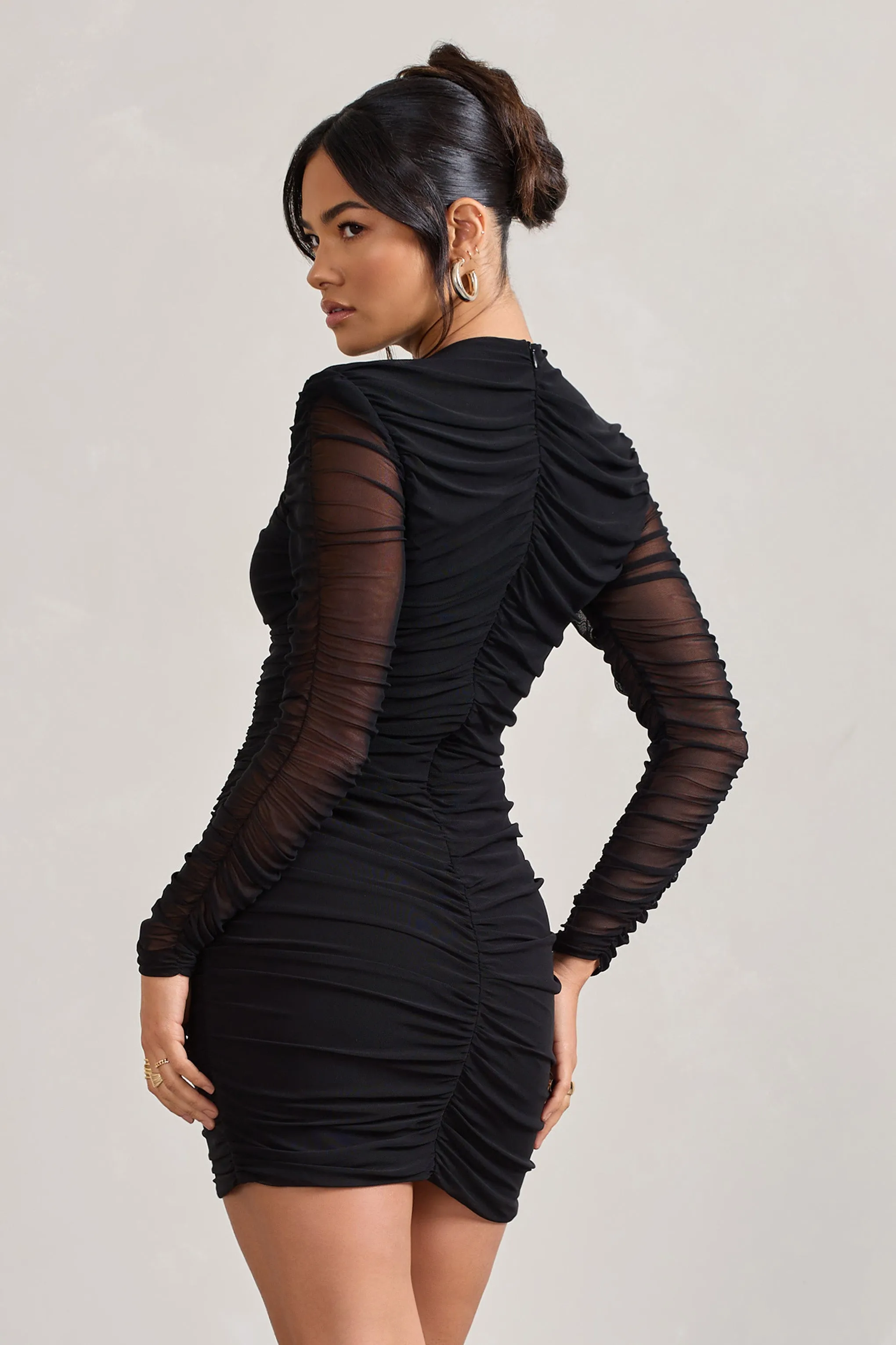Euphoria | Black Ruched Long Sleeve Mini Dress Club L London