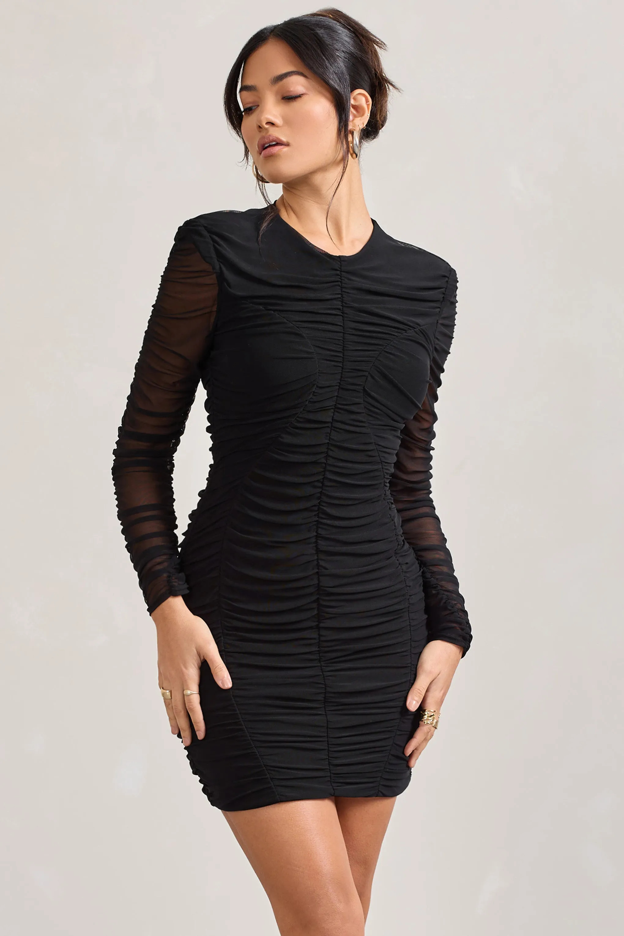 Euphoria | Black Ruched Long Sleeve Mini Dress Club L London