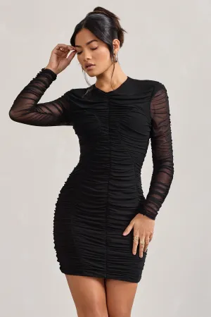 Euphoria | Black Ruched Long Sleeve Mini Dress Club L London