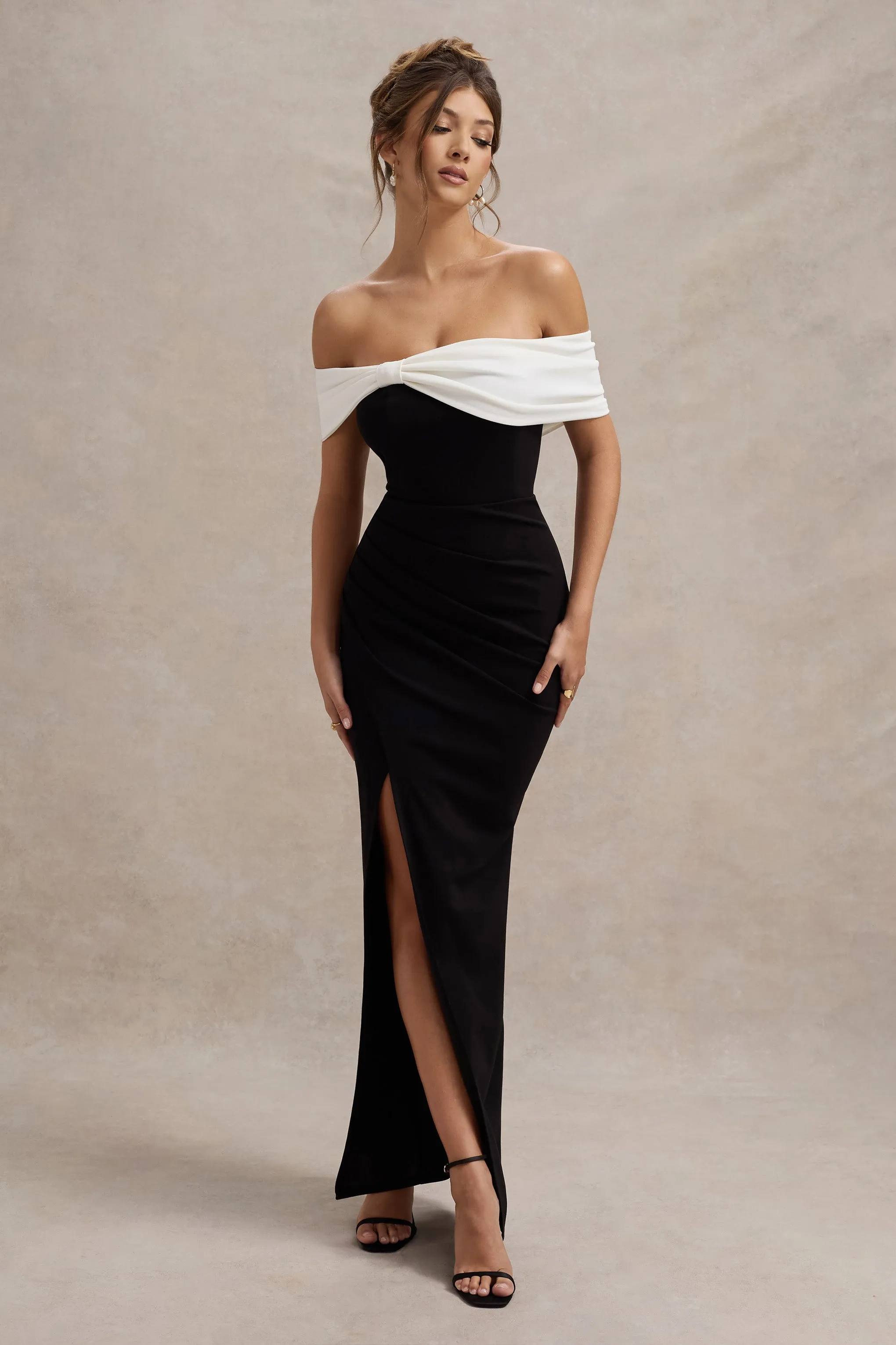 Eva | Black & White Bardot Bow Detail Maxi Dress With Thigh Split Club L London