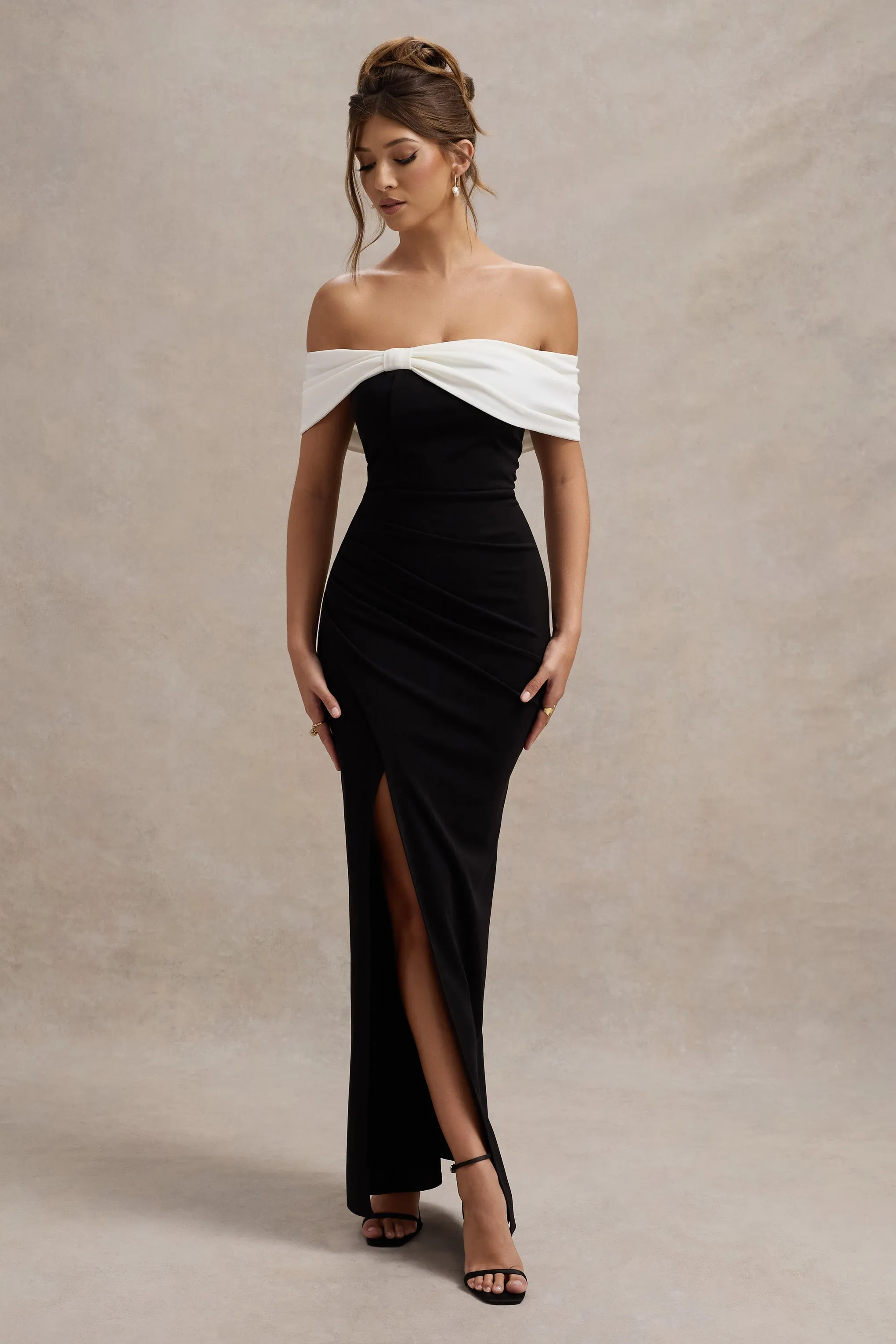 Eva | Black & White Bardot Bow Detail Maxi Dress With Thigh Split Club L London