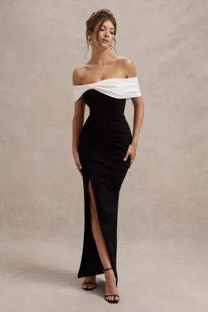 Eva | Black & White Bardot Bow Detail Maxi Dress With Thigh Split Club L London