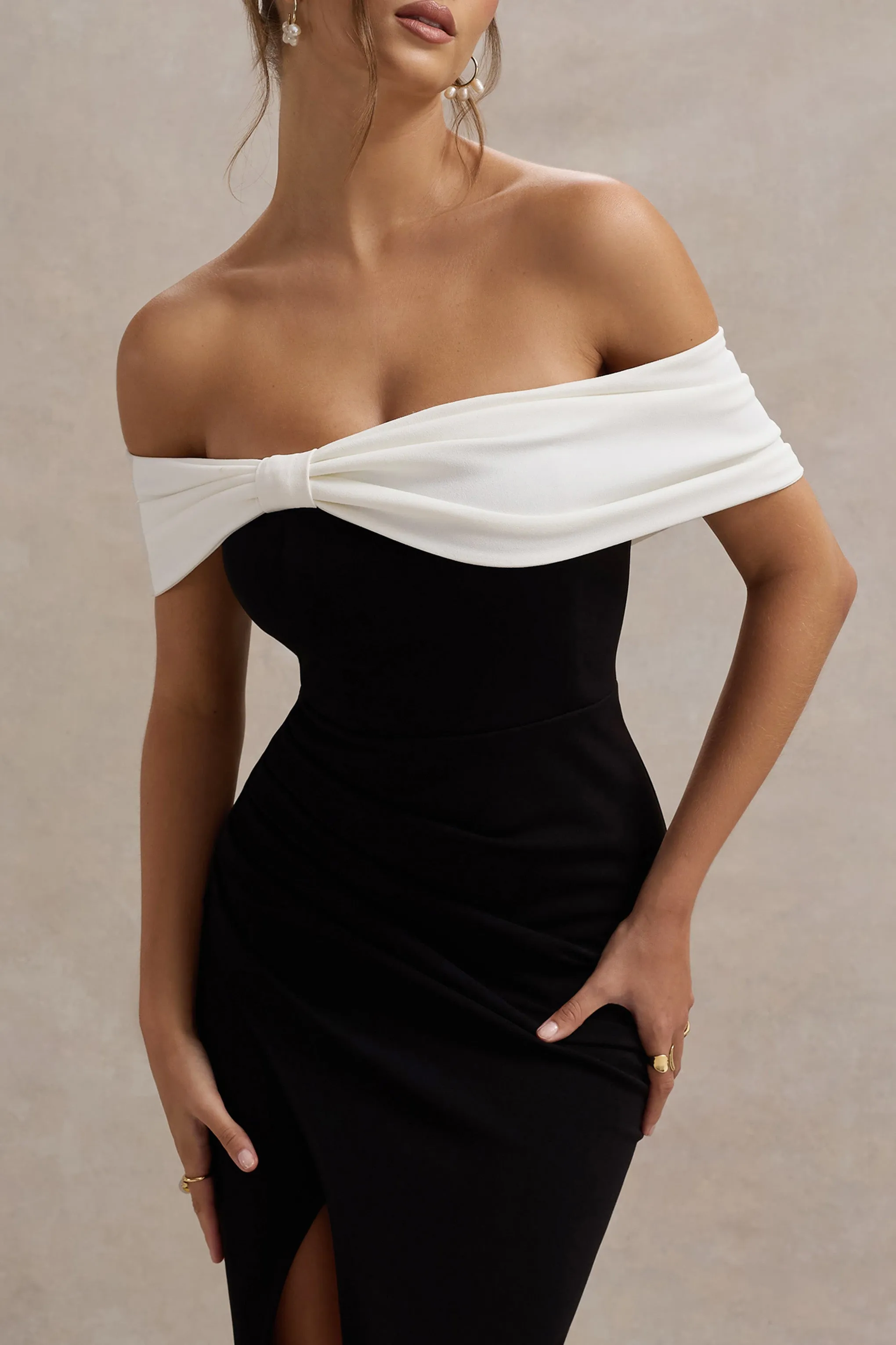 Eva | Black & White Bardot Bow Detail Maxi Dress With Thigh Split Club L London
