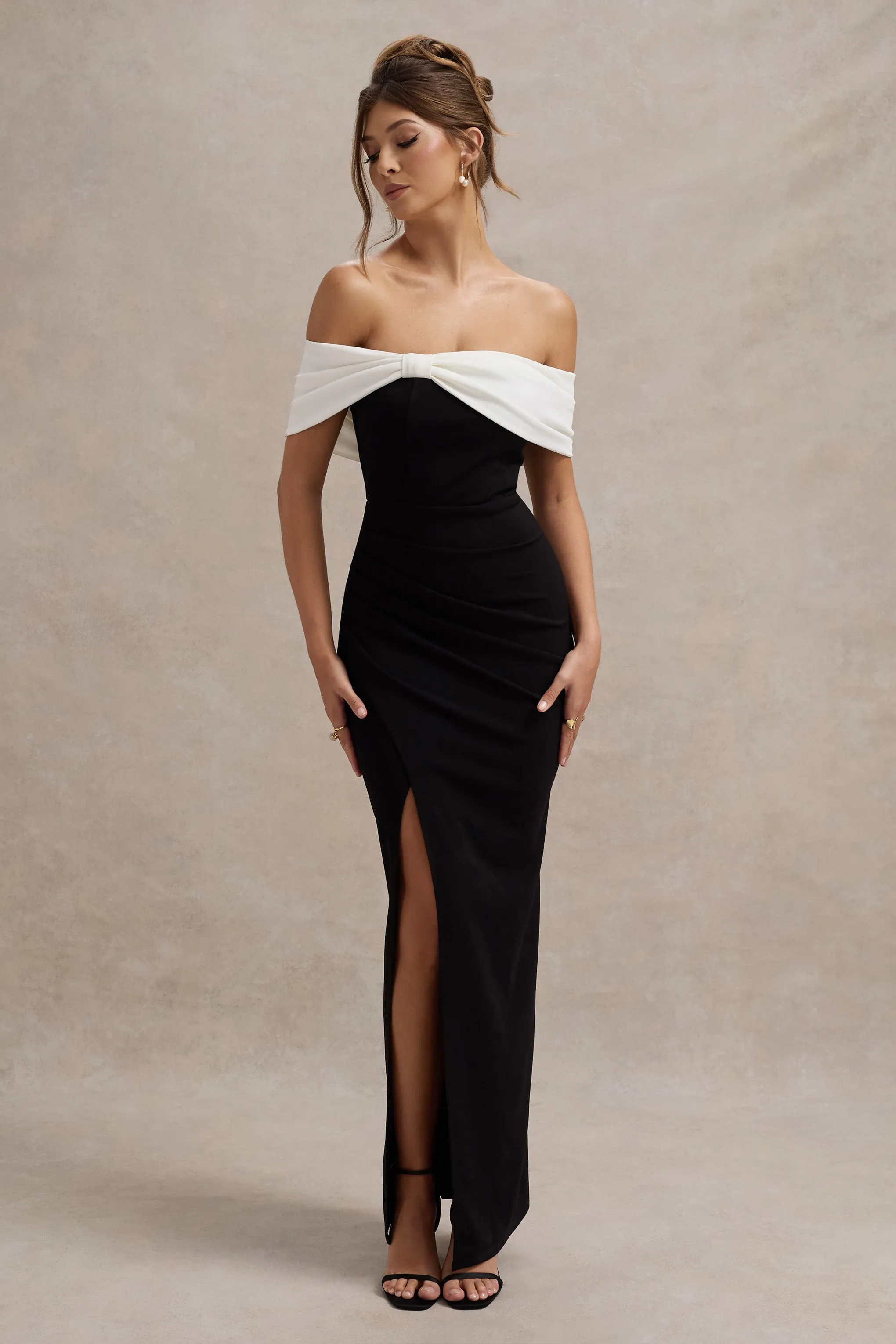 Eva | Black & White Bardot Bow Detail Maxi Dress With Thigh Split Club L London