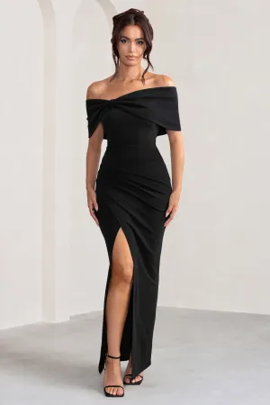 Eva | Black Bardot Bow Detail Maxi Dress With Thigh Split Club L London