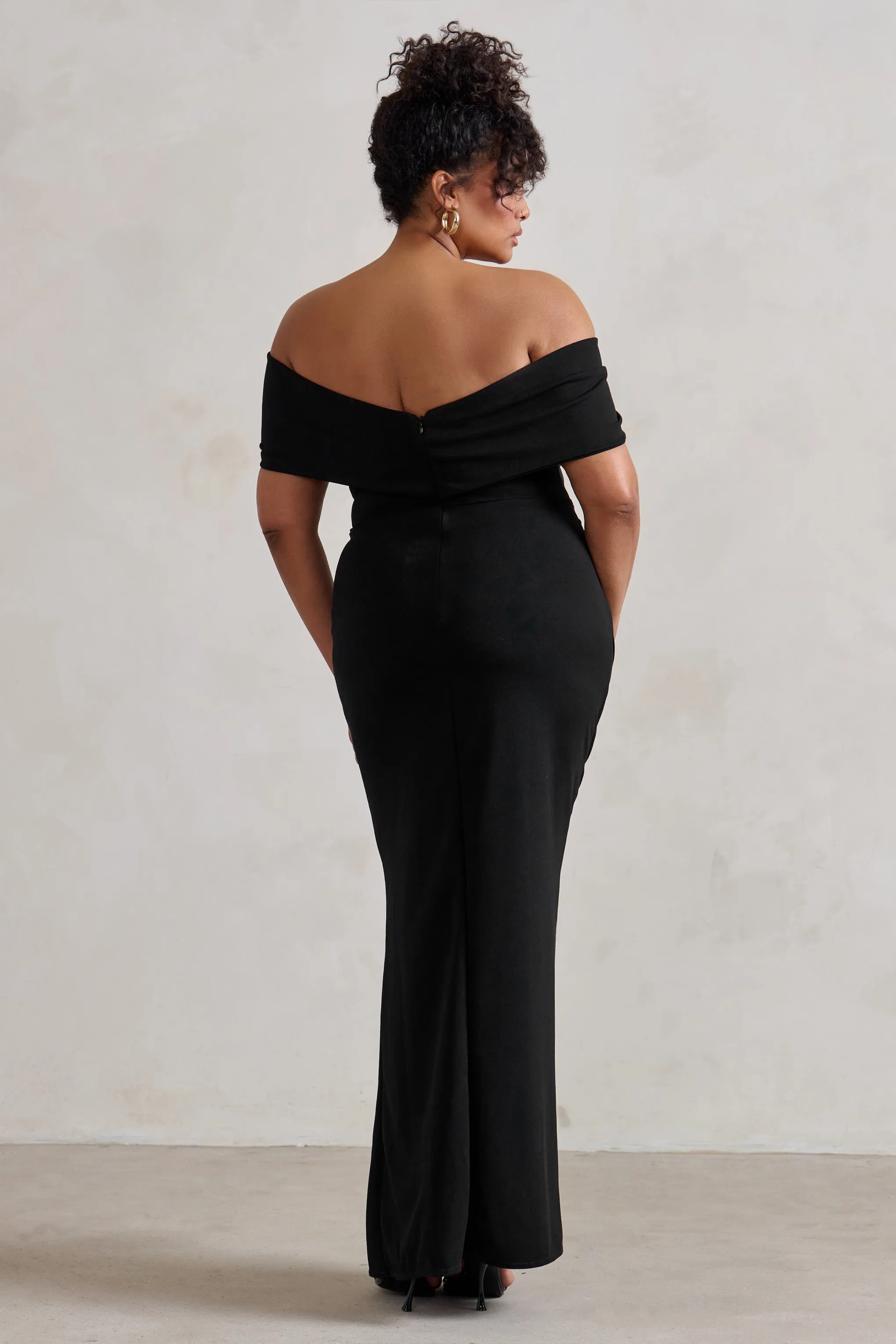 Eva | Black Bardot Bow Detail Maxi Dress With Thigh Split Club L London