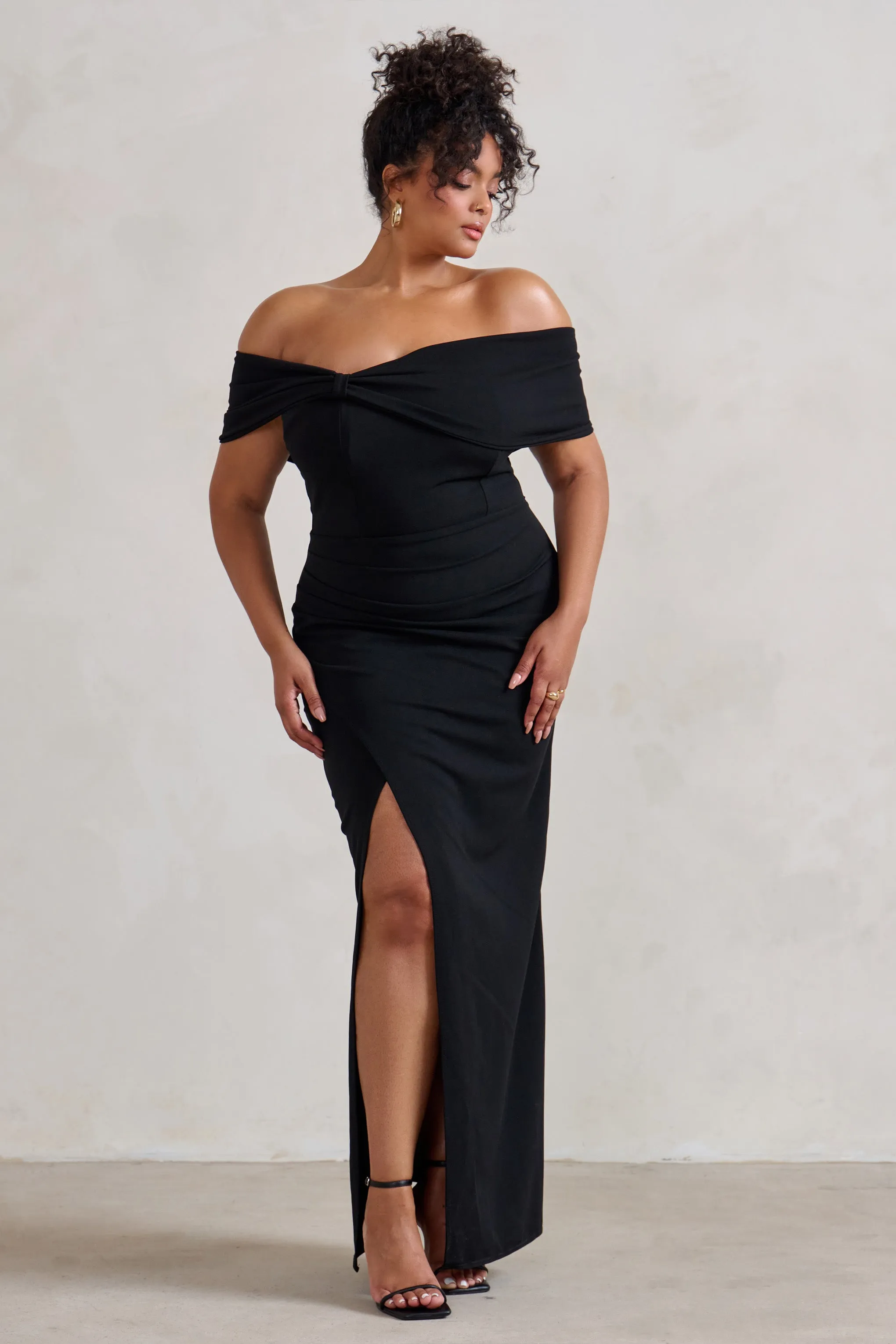 Eva | Black Bardot Bow Detail Maxi Dress With Thigh Split Club L London