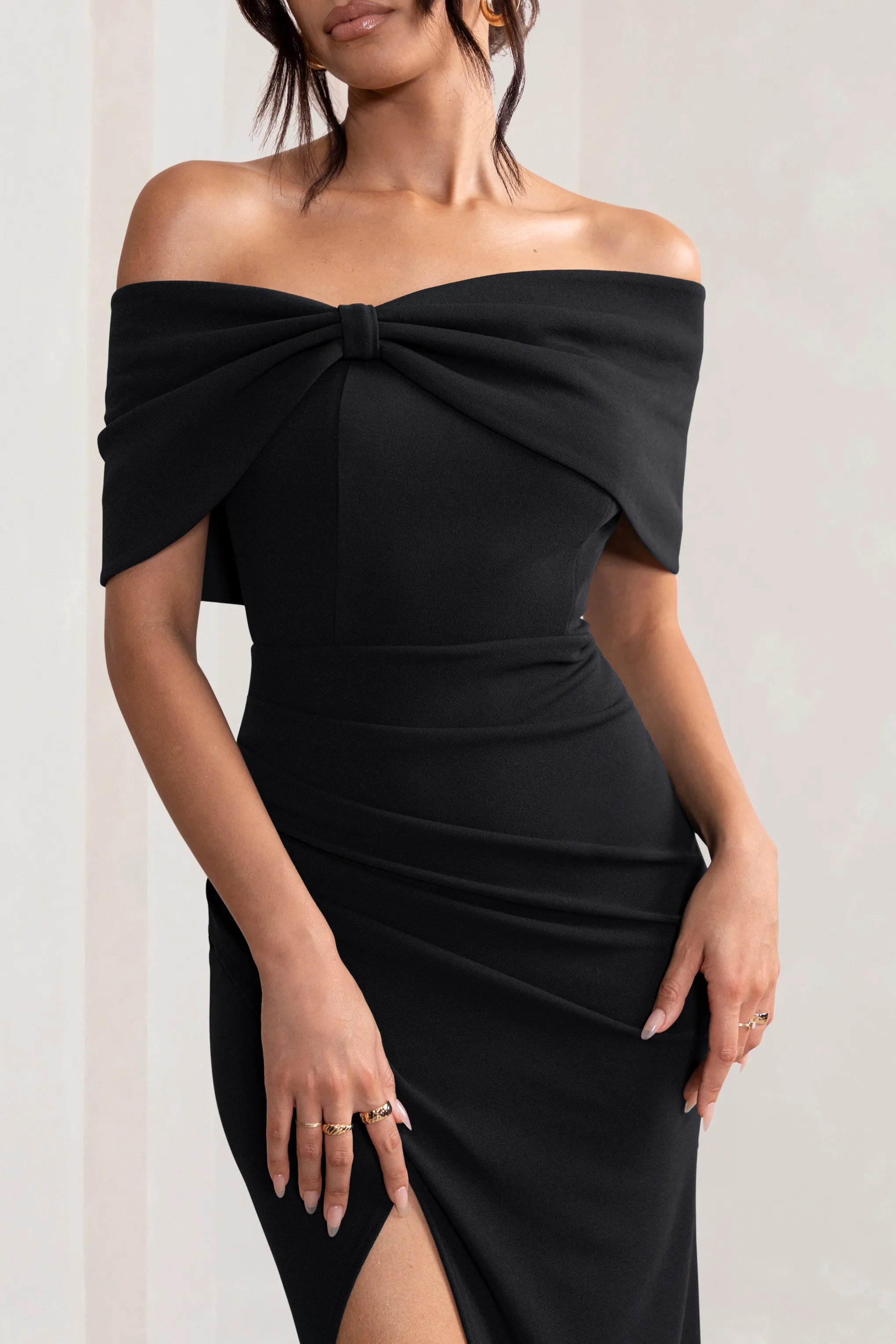 Eva | Black Bardot Bow Detail Maxi Dress With Thigh Split Club L London