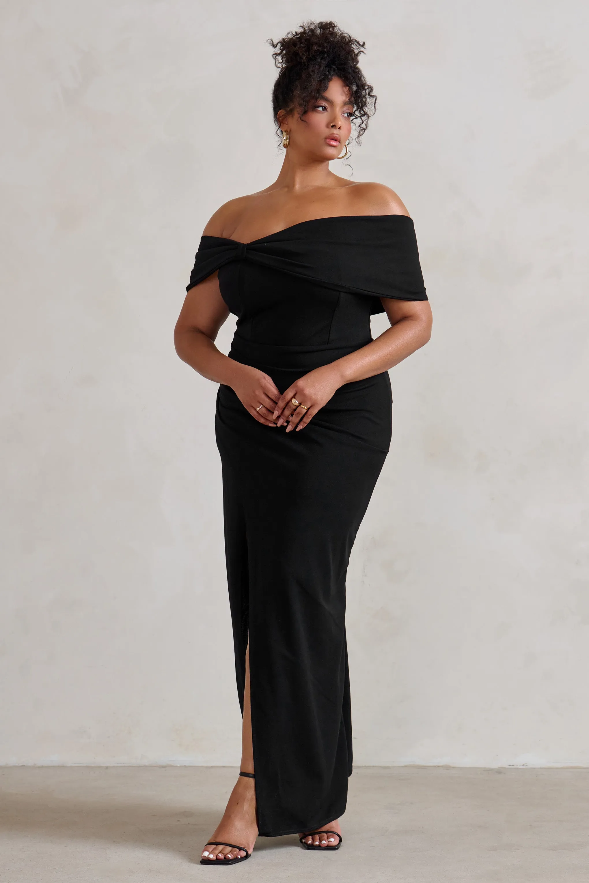 Eva | Black Bardot Bow Detail Maxi Dress With Thigh Split Club L London