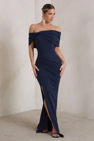 Eva | Navy Bardot Bow Detail Maxi Dress With Thigh Split Club L London