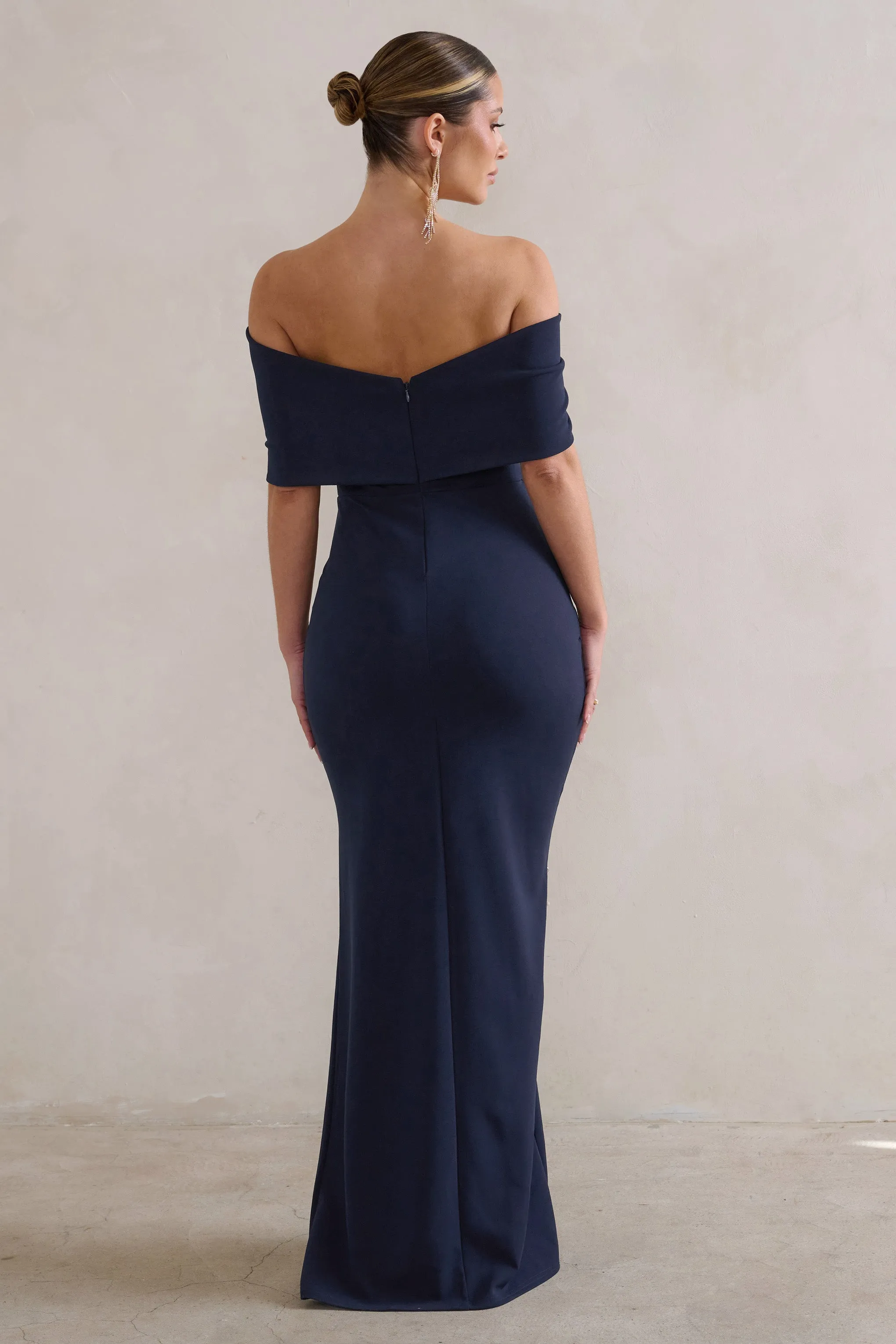 Eva | Navy Bardot Bow Detail Maxi Dress With Thigh Split Club L London
