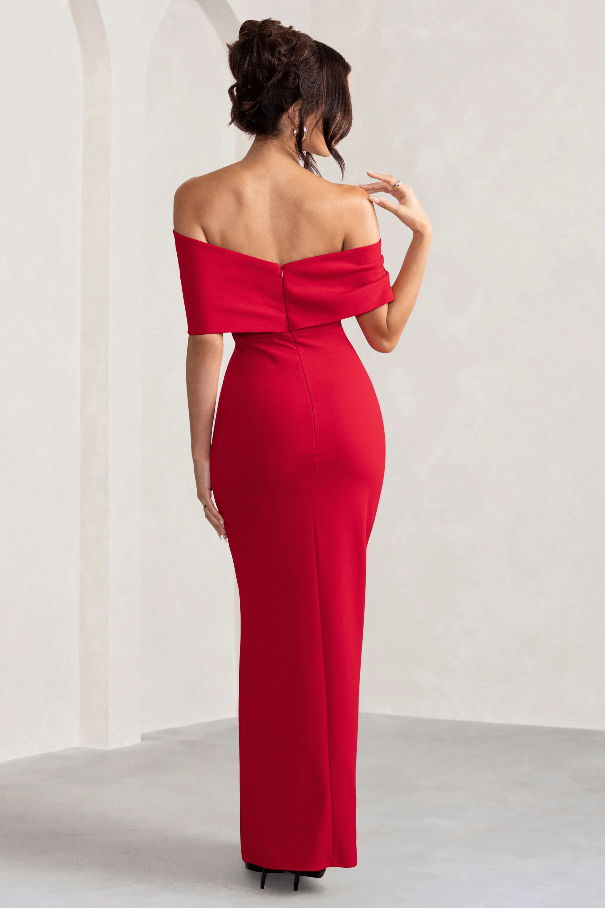 Eva | Red Bardot Bow Detail Maxi Dress With Thigh Split Club L London
