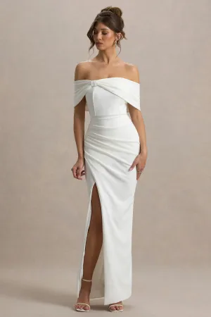 Eva | White Bardot Bow Detail Maxi Dress With Thigh Split Club L London