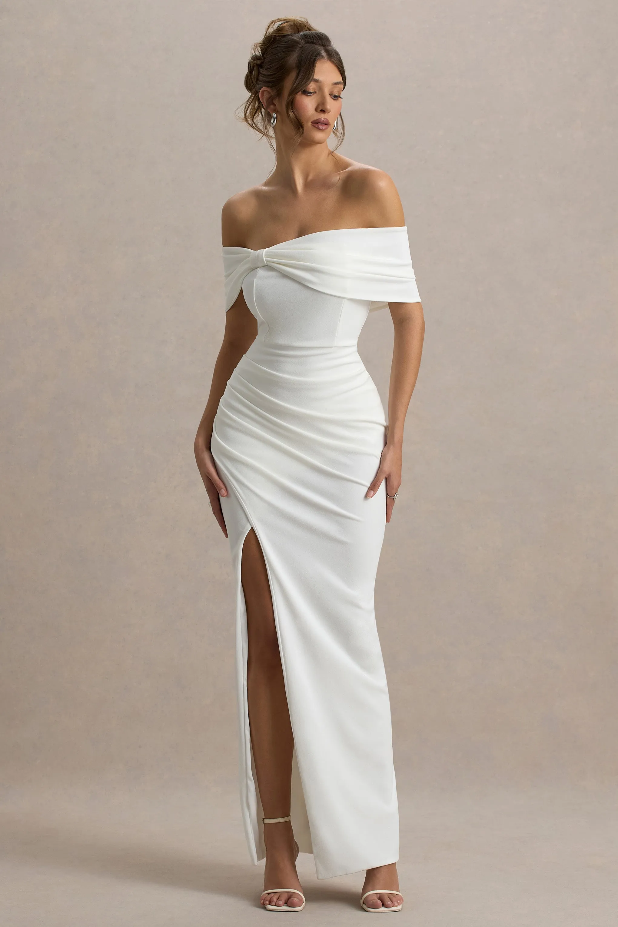Eva | White Bardot Bow Detail Maxi Dress With Thigh Split Club L London
