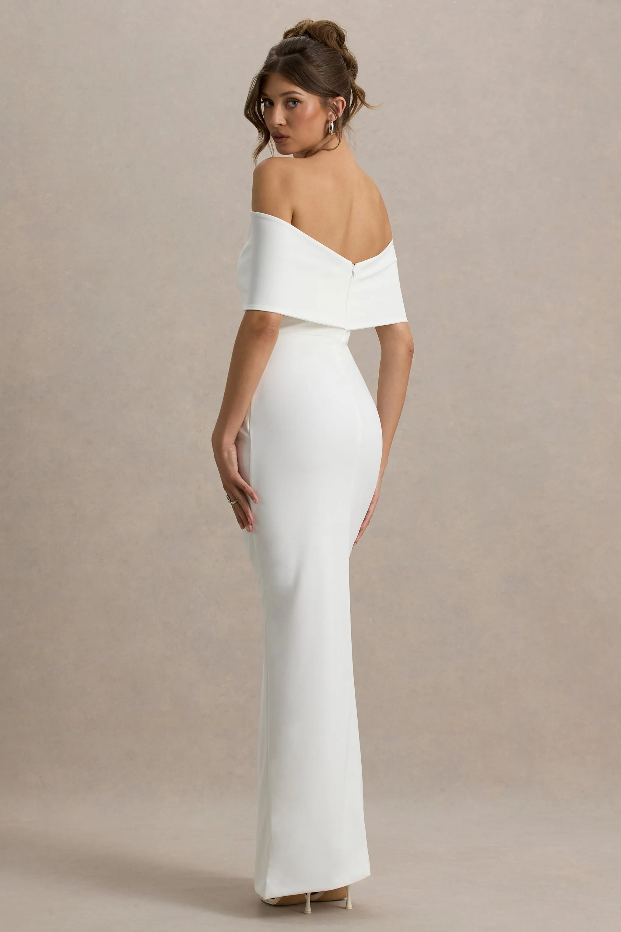 Eva | White Bardot Bow Detail Maxi Dress With Thigh Split Club L London