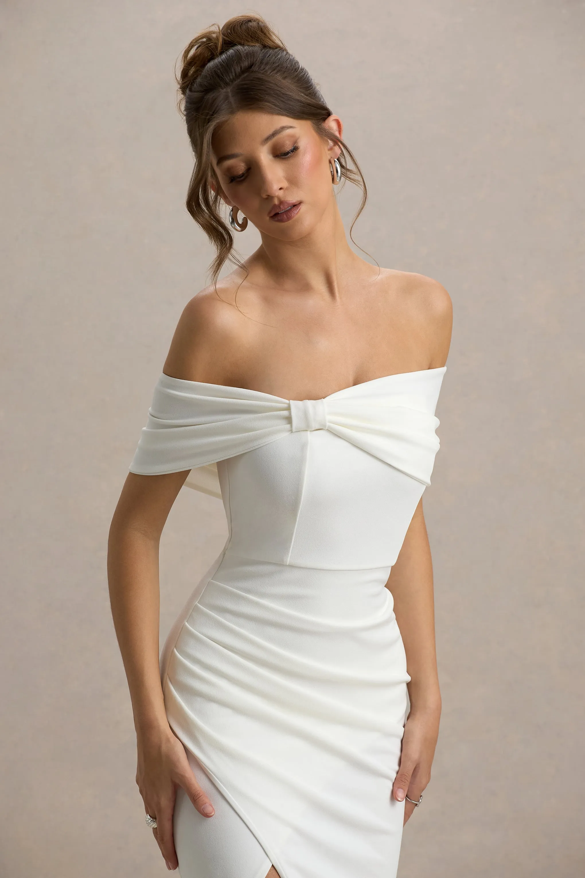 Eva | White Bardot Bow Detail Maxi Dress With Thigh Split Club L London