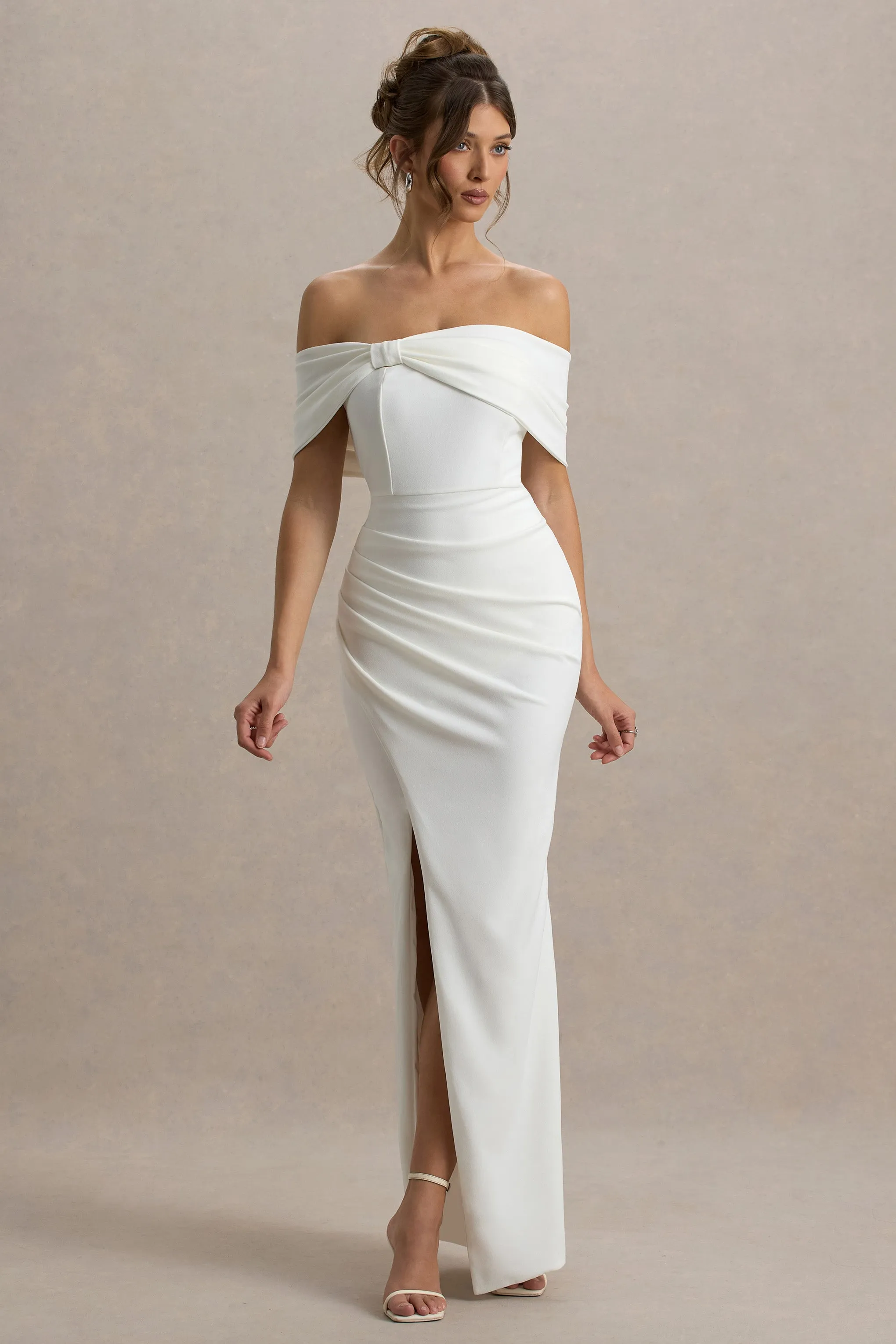 Eva | White Bardot Bow Detail Maxi Dress With Thigh Split Club L London