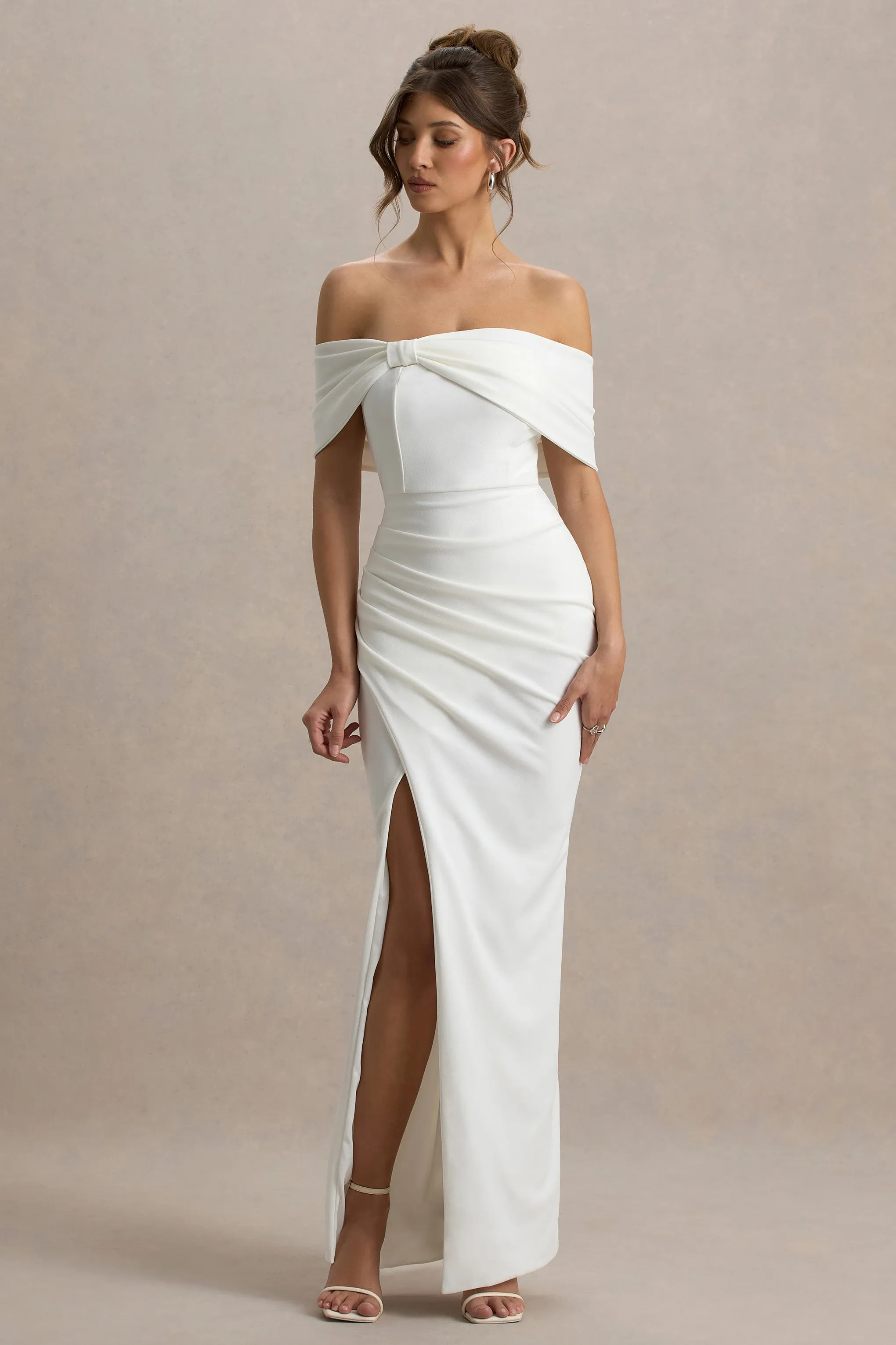 Eva | White Bardot Bow Detail Maxi Dress With Thigh Split Club L London