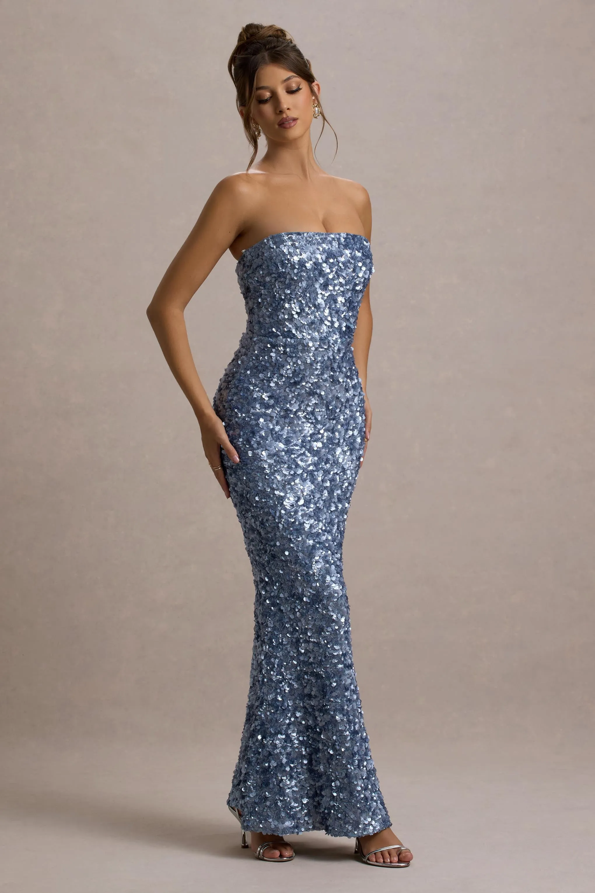 Evabeth | Powder Blue Sequin Strapless Maxi Dress Club L London