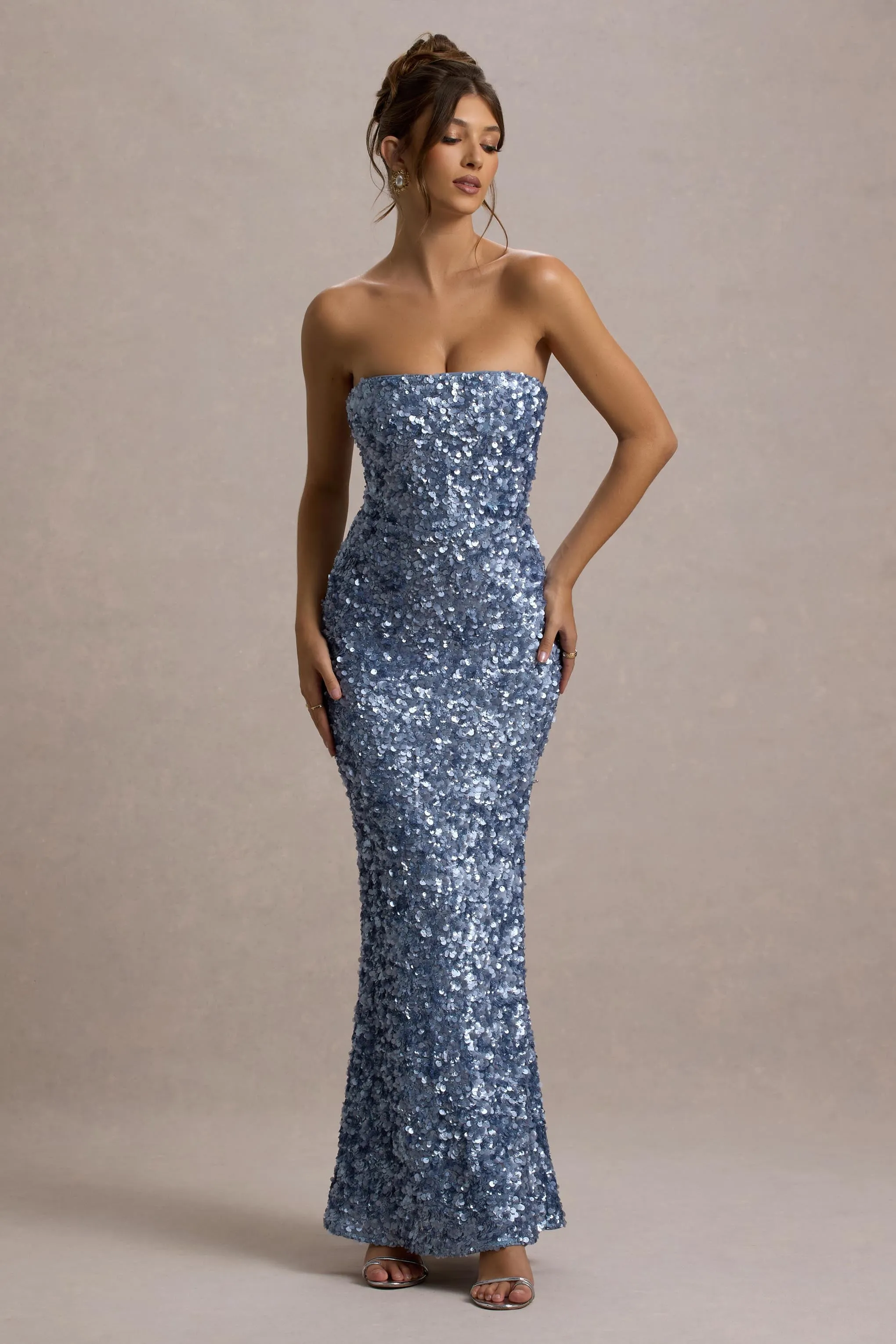 Evabeth | Powder Blue Sequin Strapless Maxi Dress Club L London