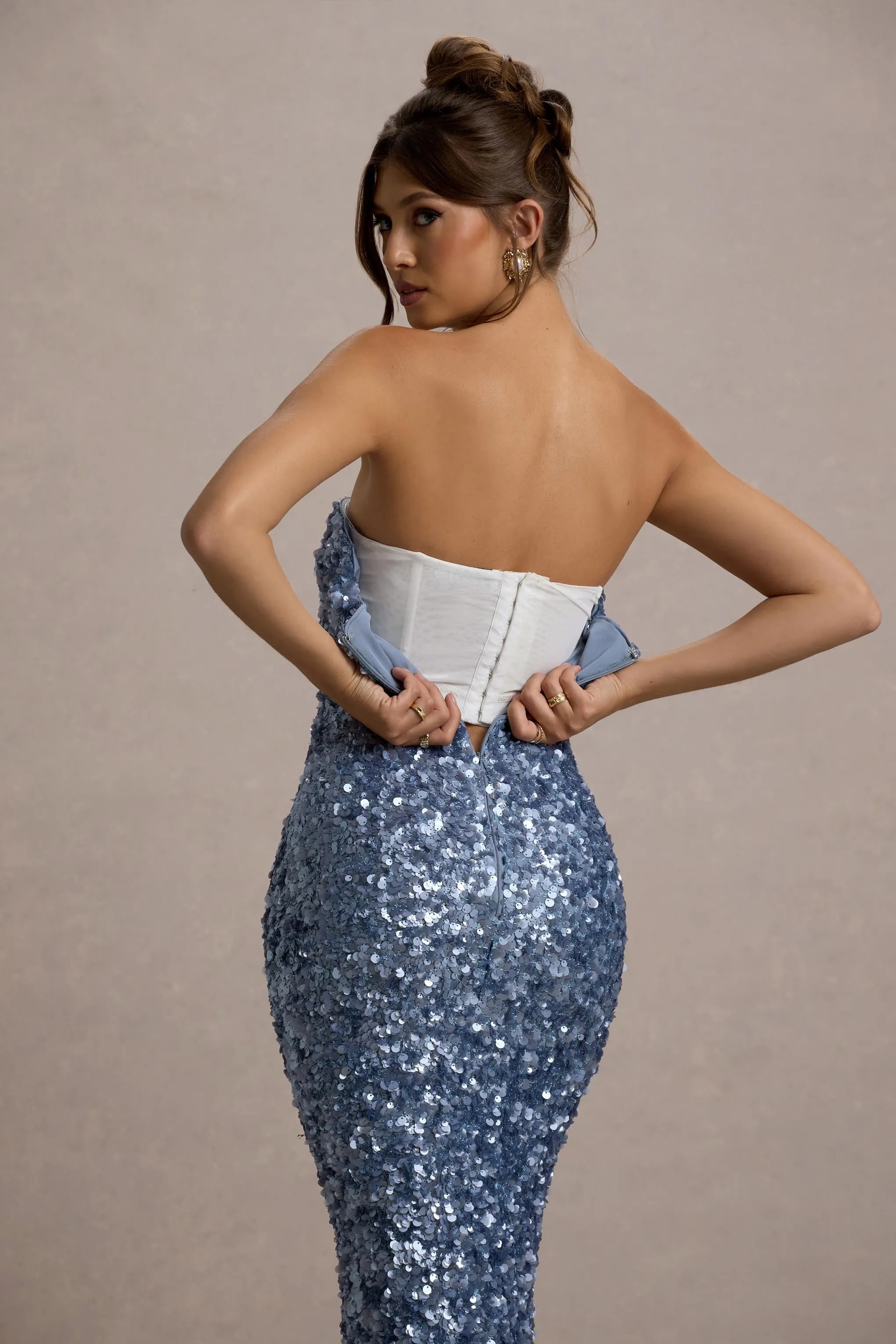 Evabeth | Powder Blue Sequin Strapless Maxi Dress Club L London