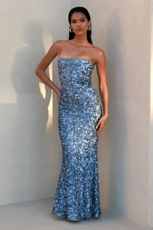 Evabeth | Powder Blue Sequin Strapless Maxi Dress Club L London