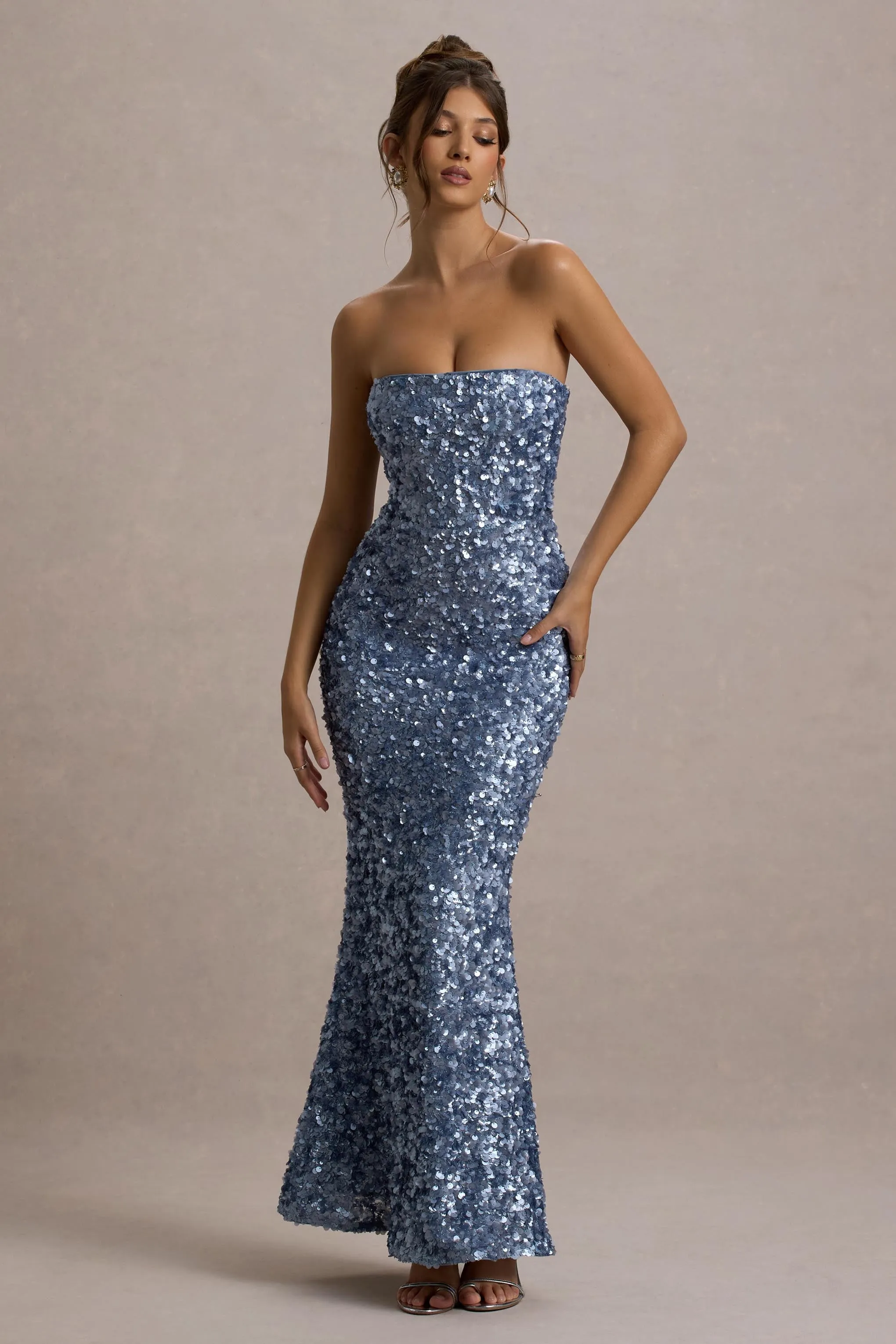Evabeth | Powder Blue Sequin Strapless Maxi Dress Club L London