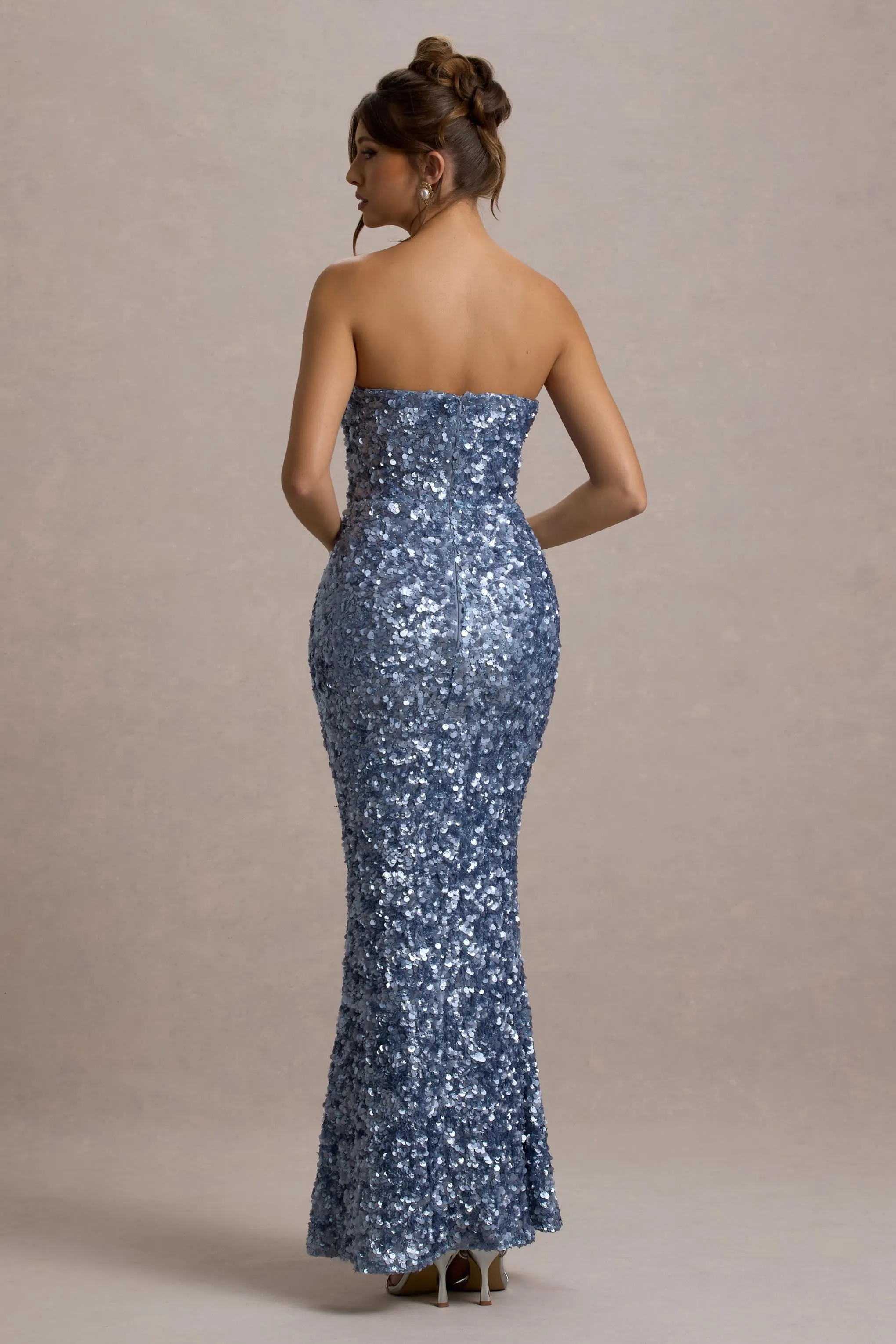 Evabeth | Powder Blue Sequin Strapless Maxi Dress Club L London